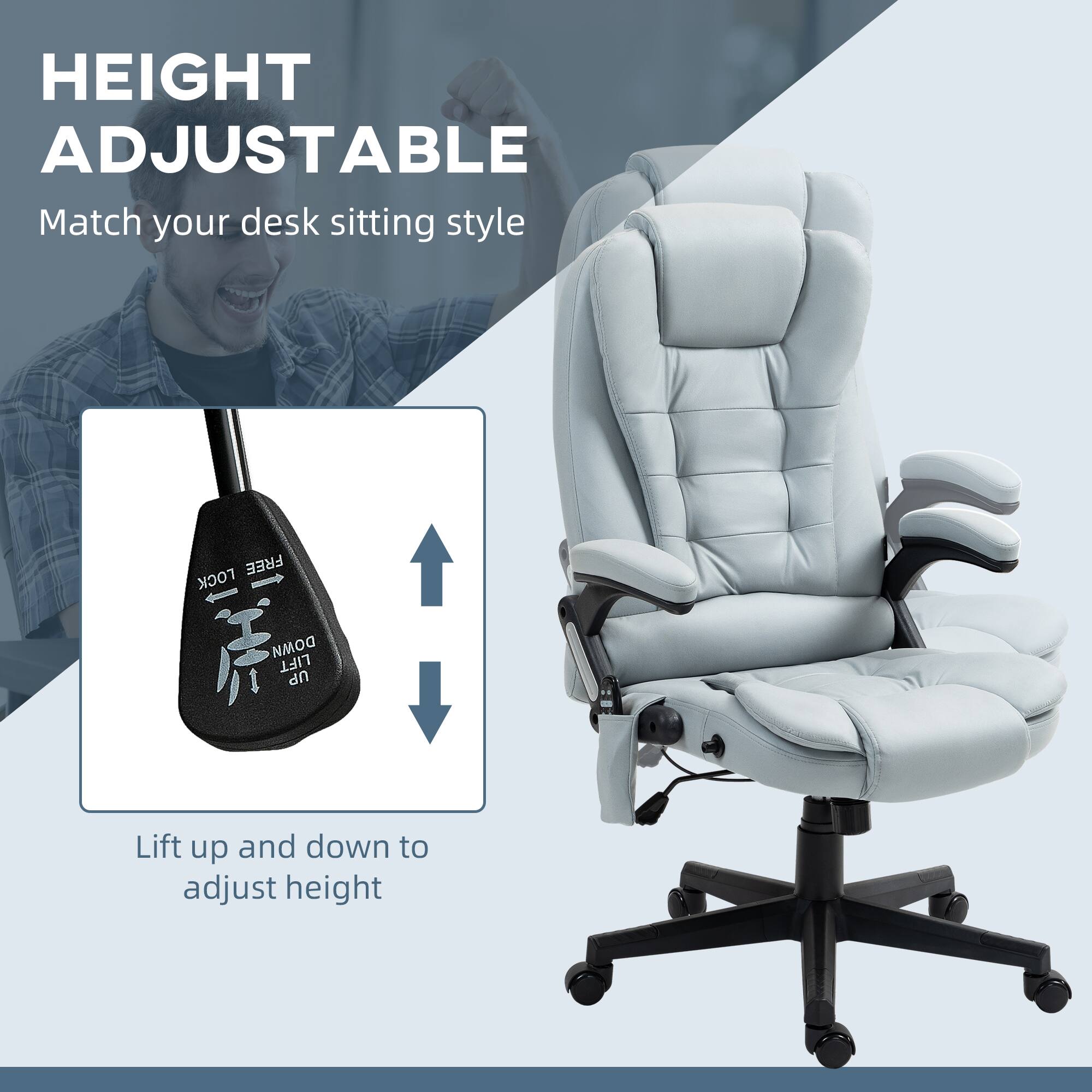HEIGHT ADJUSTABLE  
Match your desk sitting style  

Lift up and down to adjust height
