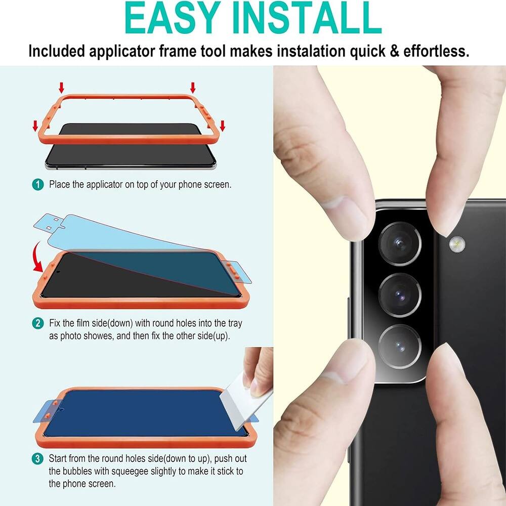 EASY INSTALL  
Included applicator frame tool makes installation quick & effortless.

1. Place the applicator on top of your phone screen.

2. Fix the film side (down) with round holes into the tray as photo shows, and then fix the other side (up).

3. Start from the round holes side (down to up), push out the bubbles with squeegee slightly to make it stick to the phone screen.