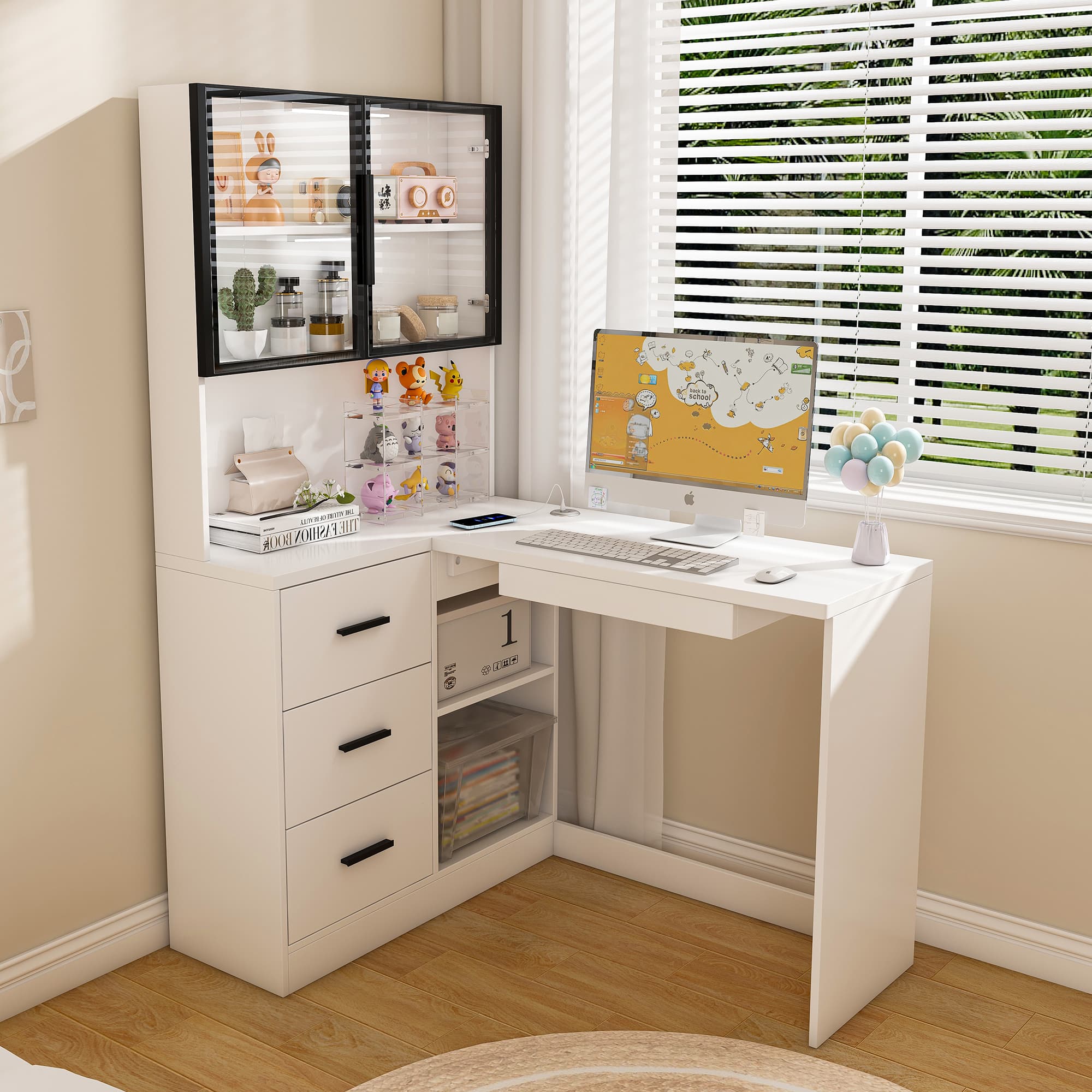 Tiramisubest - Computer Desk with Glass Cabinets & LED Lights,Corner L-Shaped Office Desk with USB Charging Ports,Keyboard Tray - White