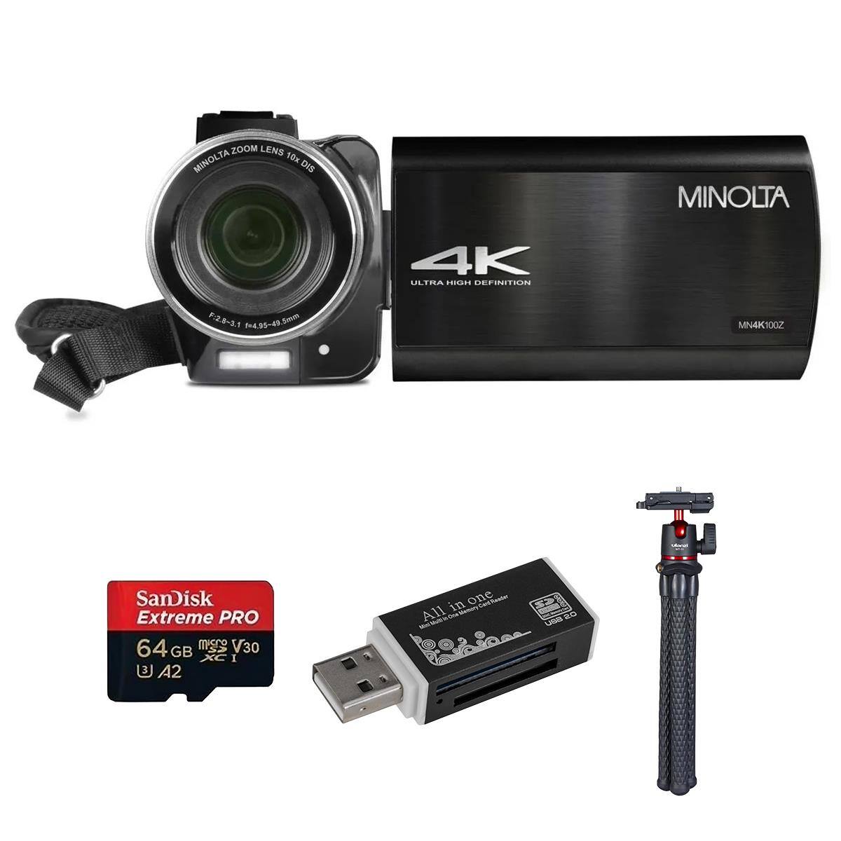 MINOLTA ZOOM LENS 10x DIS  
MINOLTA  
4K ULTRA HIGH DEFINITION  
F:2.8~3.1 t=4.95-49.5mm  
MN4K100Z  

SanDisk Extreme PRO 64GB microSDXC U3 V30 A2  

All in one Card Reader