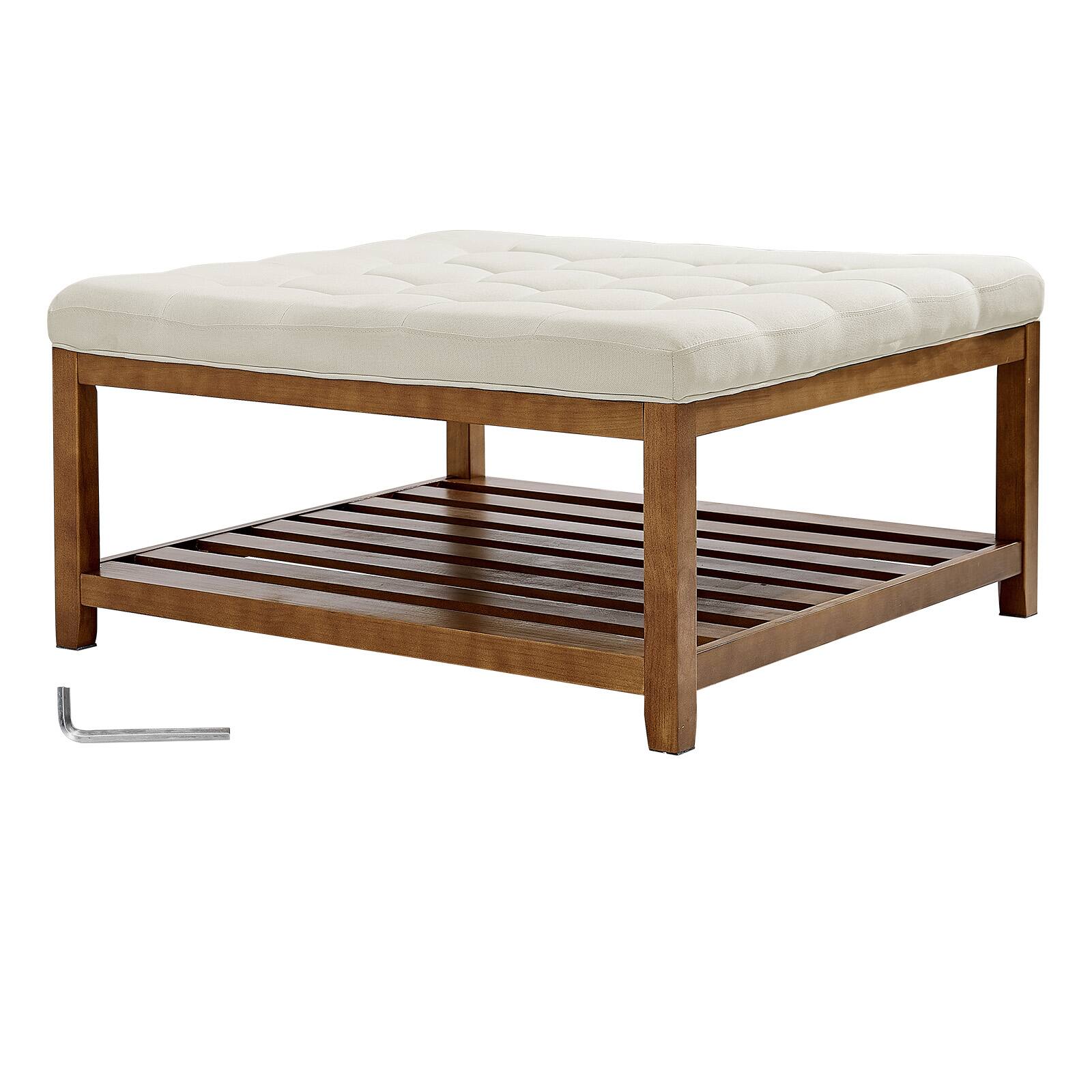 Alt View 5. VEVOR - Large Square Ottoman Coffee Table, 34.5 Inch Tufted Coffee Table with Solid Wood Shelf Storage, Linen Solid Upholstered - Off-White.