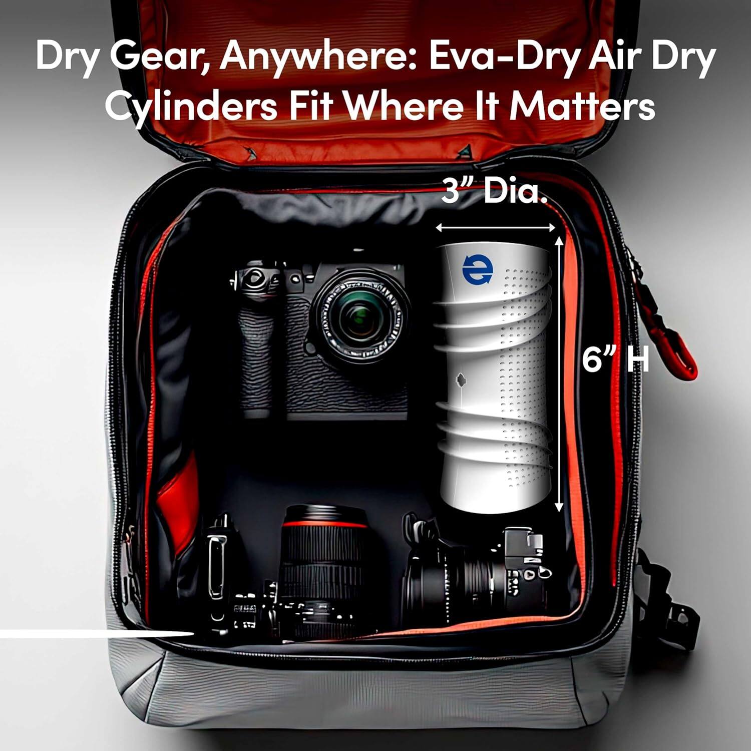Dry Gear, Anywhere: Eva-Dry Air Dry Cylinders Fit Where It Matters

3" Dia.  
6" H