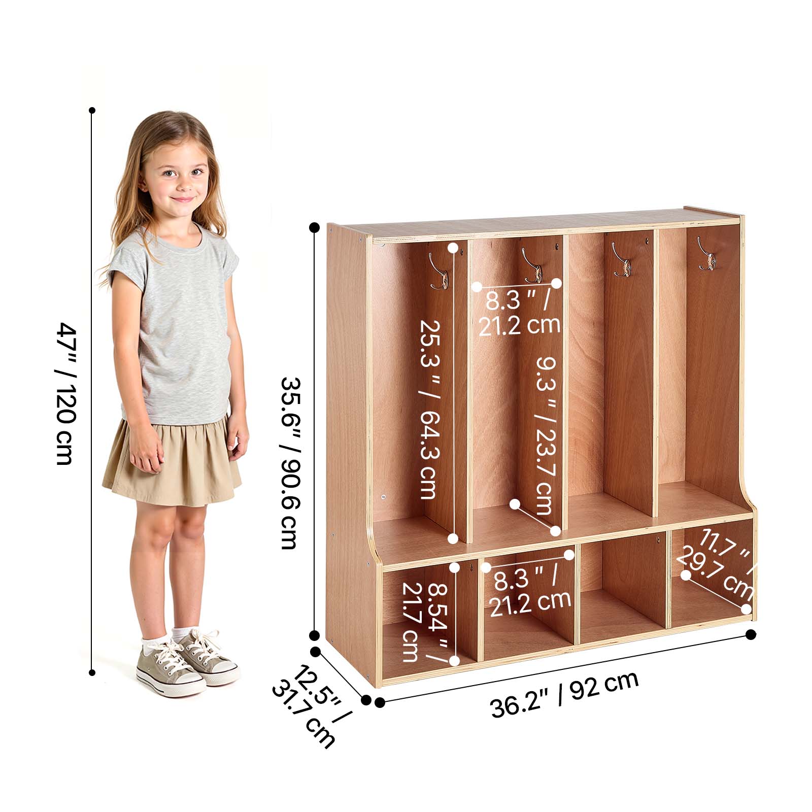 47" / 120 cm  
35.6" / 90.6 cm  
25.3" / 64.3 cm  
12.5" / 31.7 cm  
8.3" / 21.2 cm  
9.3" / 23.7 cm  
36.2" / 92 cm  
29.7" / 75.4 cm  
11.7" / 29.7 cm