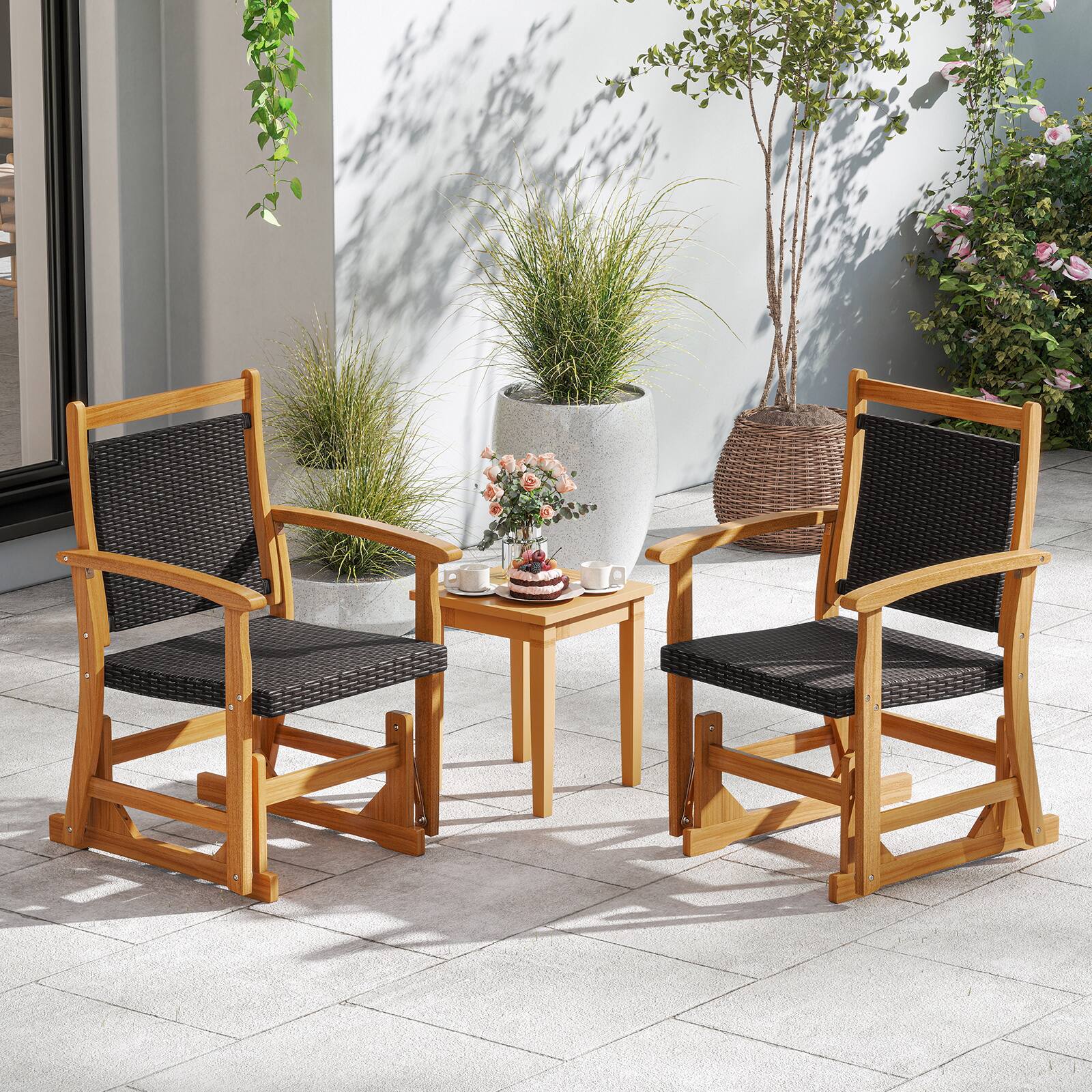 Alt View 4. Gymax - Gymax 2PCS Patio Rattan Glider Chair w/ Acacia Wood Frame & Wicker Seat Back Armrests - Mix Brown.