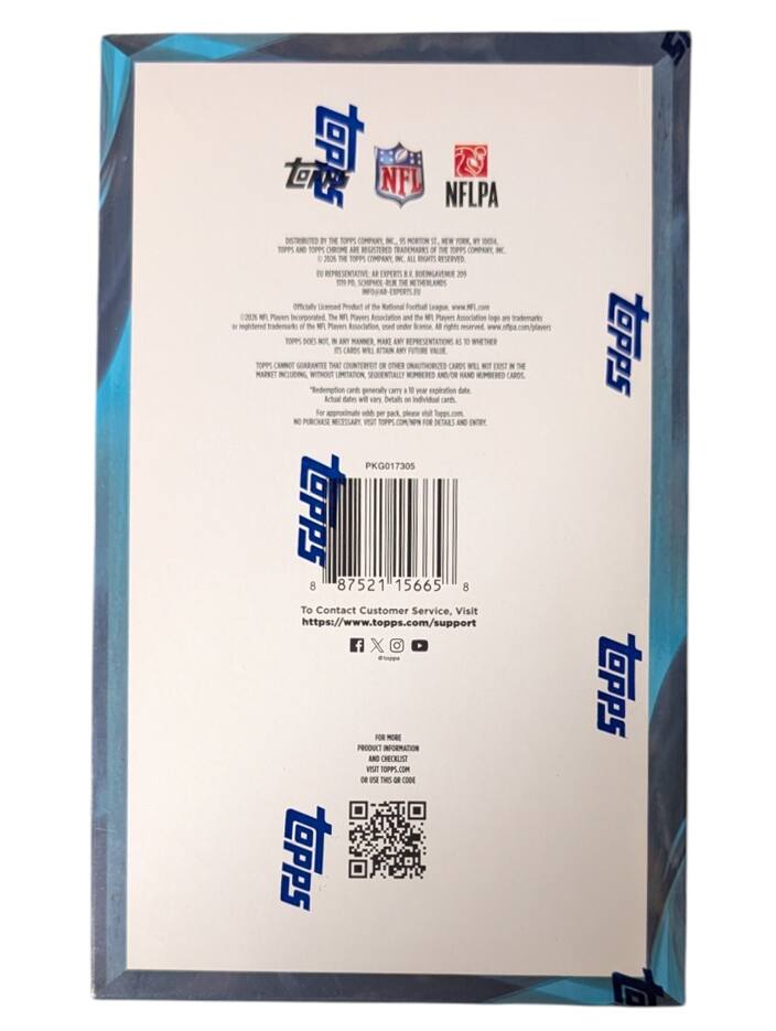 DISTRIBUTED BY THE TOPPS COMPANY, INC. 1150 BROADWAY, NEW YORK, NY 10001. TOPPS AND TOPPS ORANGE ARE REGISTERED TRADEMARKS OF THE TOPPS COMPANY, INC. ALL RIGHTS RESERVED. © 2020 THE TOPPS COMPANY, INC. REPRESENTATIVE, ARE OWNED UNDER LICENSE. ALL RIGHTS RESERVED. www.nfl.com www.nflpa.com

OFFICIALLY LICENSED PRODUCT OF THE NATIONAL FOOTBALL LEAGUE, NFL PLAYERS INCORPORATED, THE NFL PLAYERS ASSOCIATION AND THE W PLAYERS ASSOCIATION. NFL, THE NFL LOGO, NFL PLAYERS ASSOCIATION AND THE NFL PLAYERS ASSOCIATION LOGO ARE TRADEMARKS OF THE NFL PLAYERS ASSOCIATION, USED UNDER LICENSE. ALL RIGHTS RESERVED. TOPPS CANNOT GUARANTEE THAT COUNTERFEIT OR OTHER UNAUTHORIZED CARDS WILL NOT EXIST IN THE MARKET INCLUDING, WITHOUT LIMITATION, SEQUENTIALLY NUMBERED AND/OR RANDOM NUMBERED CARDS. "Redemption cards generally carry a year expiration date. Actual dates will vary. For approximate odds per pack, please visit topps.com. NO PURCHASE NECESS