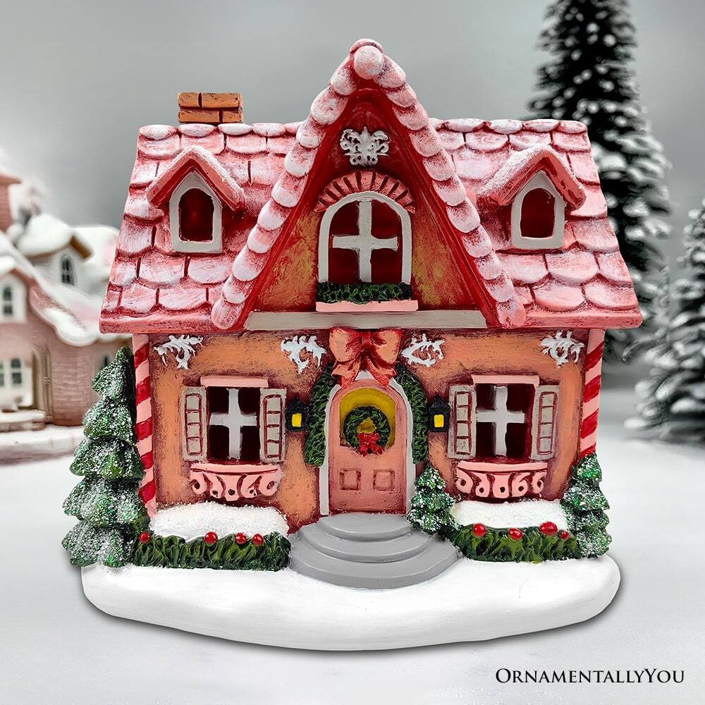 Back. OrnamentallyYou - Sparkling Pink Winter Magic LED Gingerbread Home Figurine, 7" Lighted Christmas Decoration Decor - Pink.