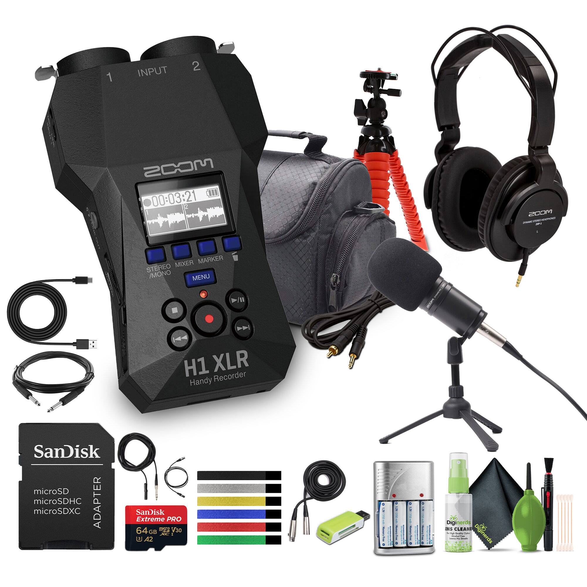 1 INPUT 2  
00:03:21  
MIXER MARKER STEREO/MONO MENU  
H1 XLR Handy Recorder  
SanDisk microSD microSDHC ADAPTER microSDXC  
SanDisk Extreme PRO 64GB V30 A2  
DigiNerds DIS CLEANER  
DigiNerds DIS CLEANER  
2COM Headphones