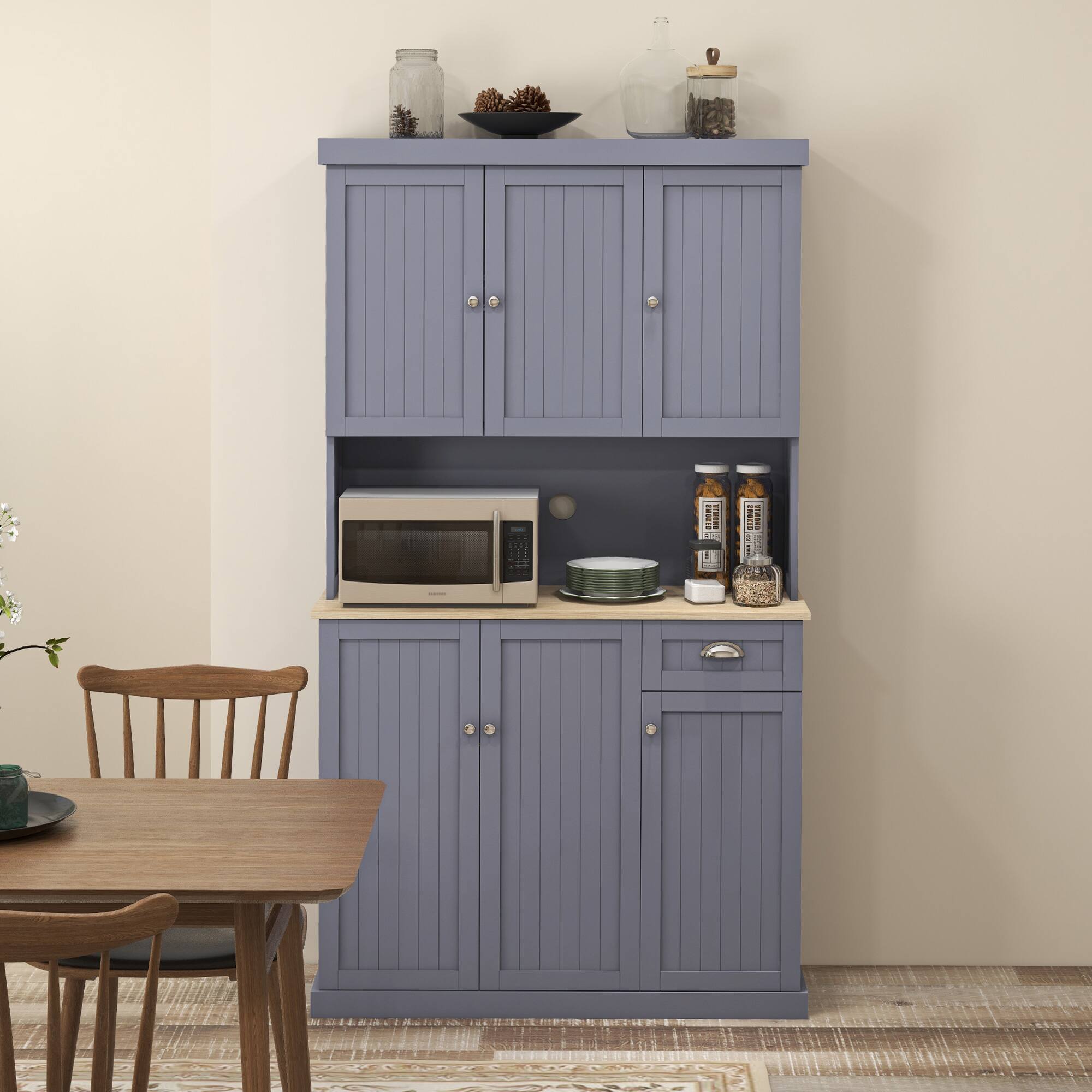 Alt View 8. Homcom - 71" Buffet with Hutch, Modern Farmhouse Kitchen Pantry Storage Cabinet with Microwave Oven Countertop, Drawer & Cupboard - Gray.