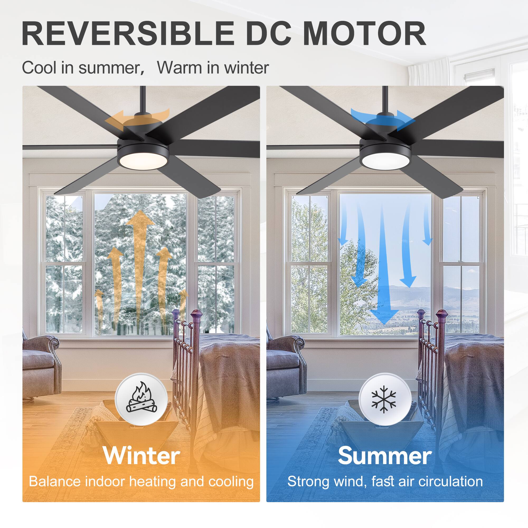 REVERSIBLE DC MOTOR  
Cool in summer, Warm in winter  

Winter  
Balance indoor heating and cooling  

Summer  
Strong wind, fast air circulation