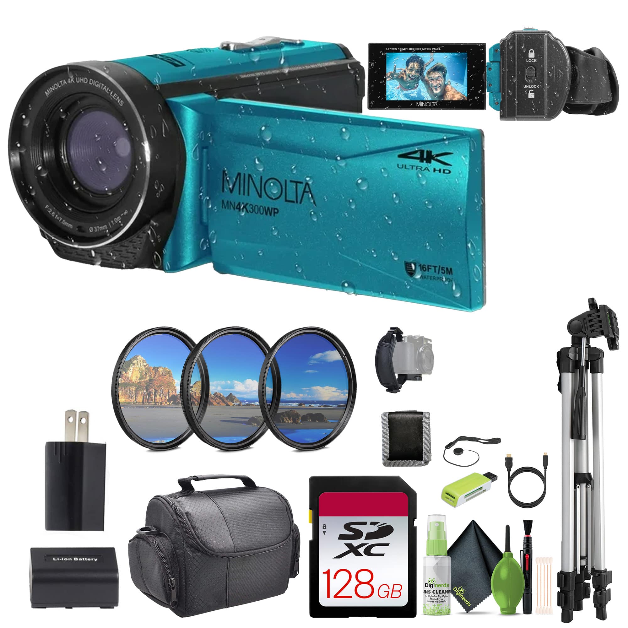 Minolta - MN4K300WP 4K Ultra HD / 56 MP Waterproof Camcorder - Blue - Bundle