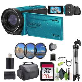 Minolta - MN4K300WP 4K Ultra HD / 56 MP Waterproof Camcorder - Blue - Bundle