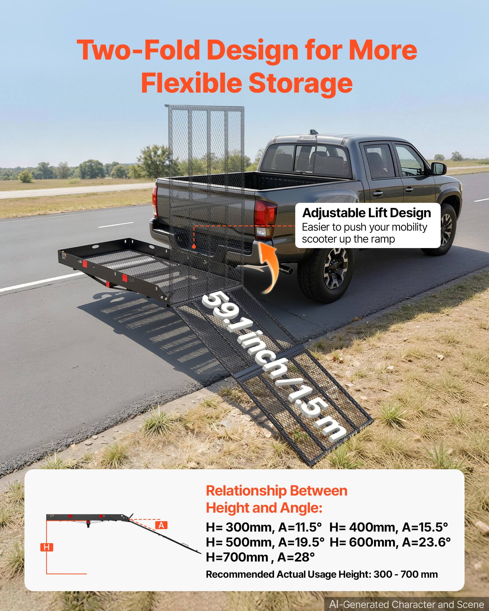 Two-Fold Design for More Flexible Storage

Adjustable Lift Design
Easier to push your mobility scooter up the ramp

59.1inch/15m

Relationship Between Height and Angle:
H= 300mm, A=11.5°
H= 400mm, A=15.5°
H= 500mm, A=19.5°
H= 600mm, A=23.6°
H=700mm, A=28°

Recommended Actual Usage Height: 300 - 700 mm

AI-Generated Character and Scene