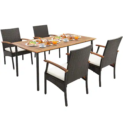 Front. Costway - Costway 5PCS Patio Wicker Dining Set Cushion Acacia Wood Armchairs Table with Umbrella Hole - Natural/Black/Mix Brown.