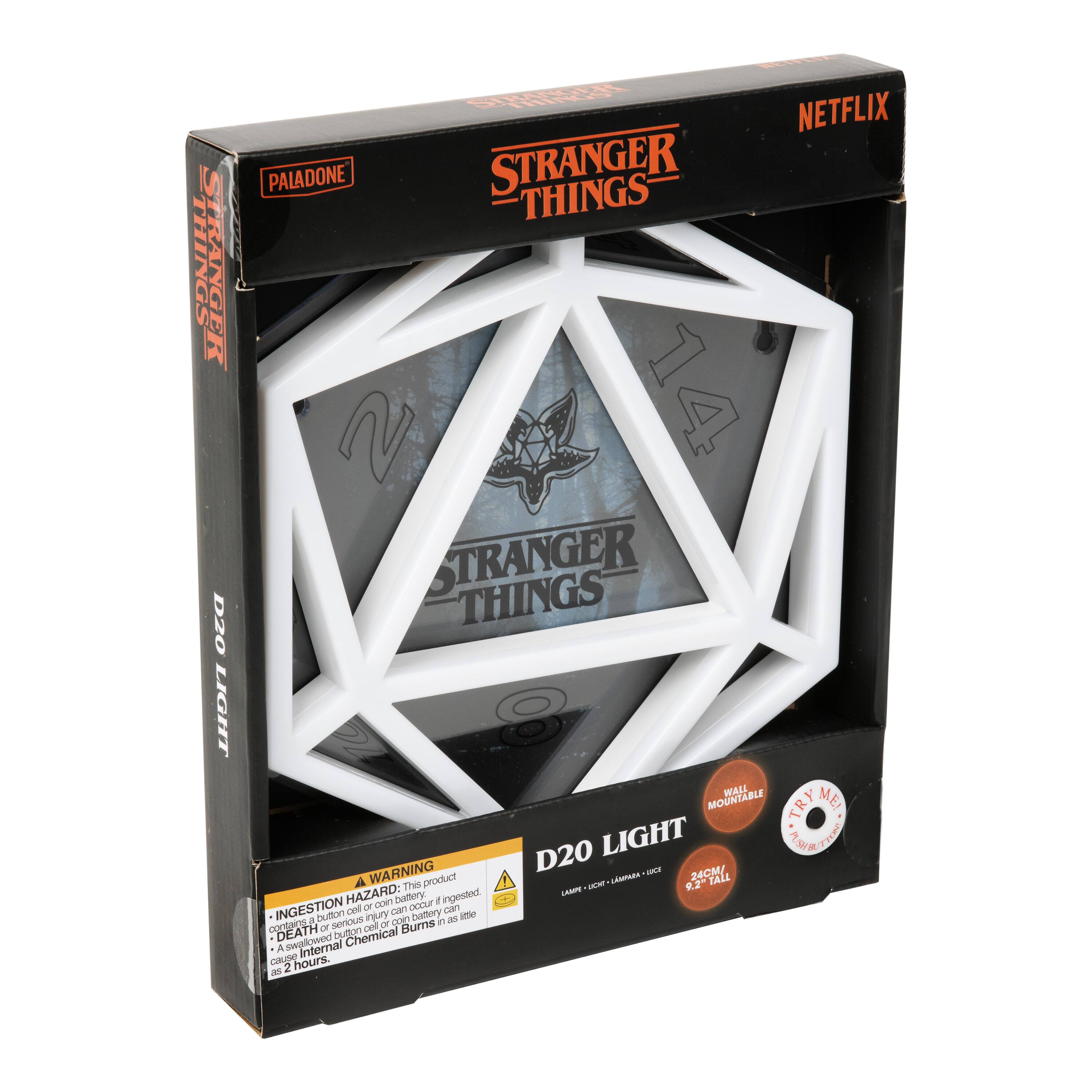 Sure, here is the corrected and grouped text from the image:

---

**Top Left:**
- PALADONE

**Top Center:**
- STRANGER THINGS

**Top Right:**
- NETFLIX

**Front Center:**
- STRANGER THINGS

**Front Left:**
- D20 LIGHT

**Front Right:**
- 24CM

**Bottom Left:**
- WARNING
  - INGESTION HAZARD: This product contains small parts. Swallowing or ingestion of small parts can cause injury or death.
  - A. Internal Chemical Burns in as little as 2 hours.

**Bottom Center:**
- D20 LIGHT
  - LAMP: 1.5V - AAA - LUCI
  - 24CM

**Bottom Right:**
- MOUNTABLE
- TINY MOUNT
- 24CM

**Additional Text:**
- STRANGER THINGS
- 14
- 8

---

This should cover all the visible text on the packaging.