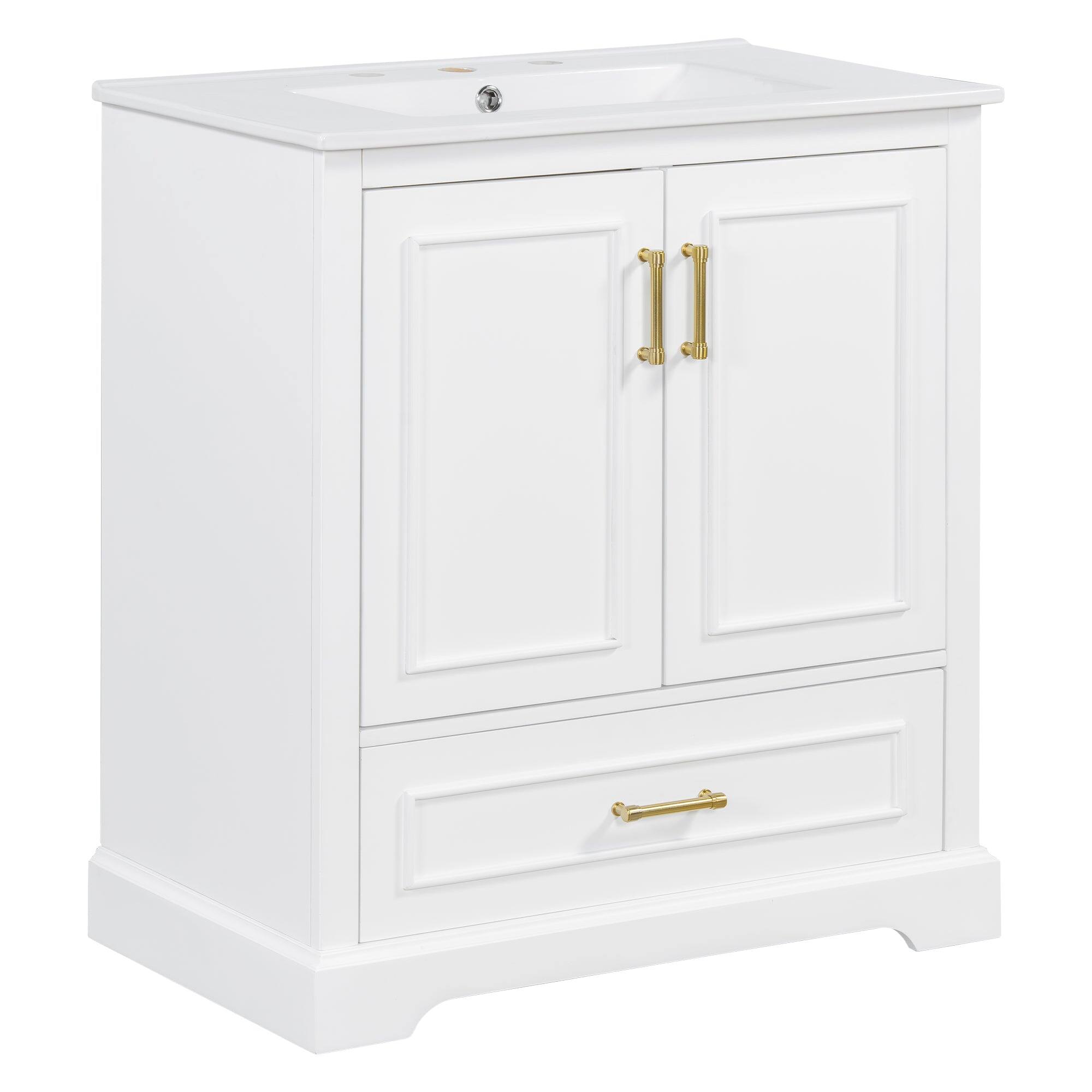 Left. Boyel Living - 30 Inch White Bathroom Vanity with Ceramic Sink, Divider Drawer, 2 Soft Close Doors and Double Door Shelves - White.