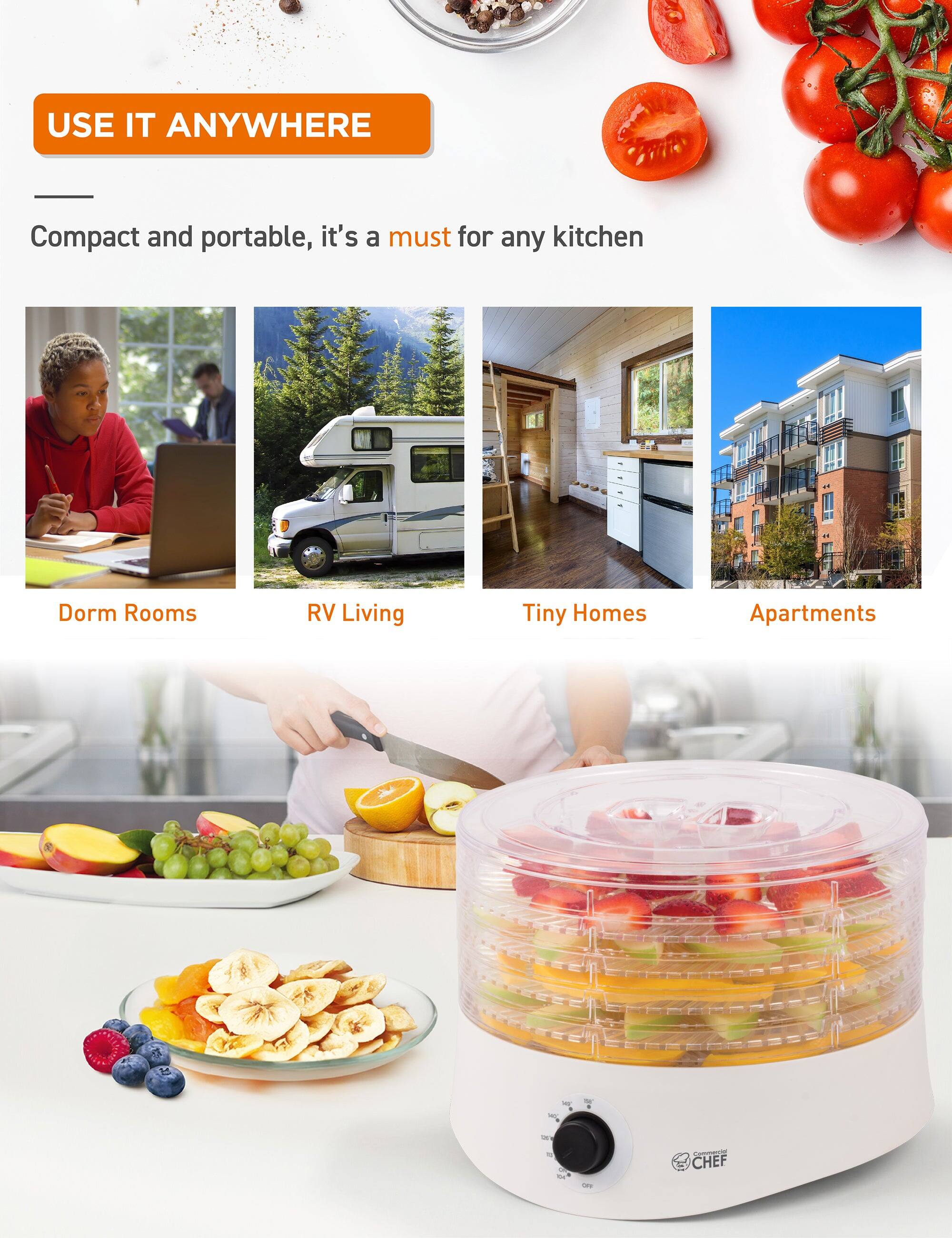 USE IT ANYWHERE
Compact and portable, it's a must for any kitchen
Dorm Rooms
RV Living
Tiny Homes
Apartments
CHEF