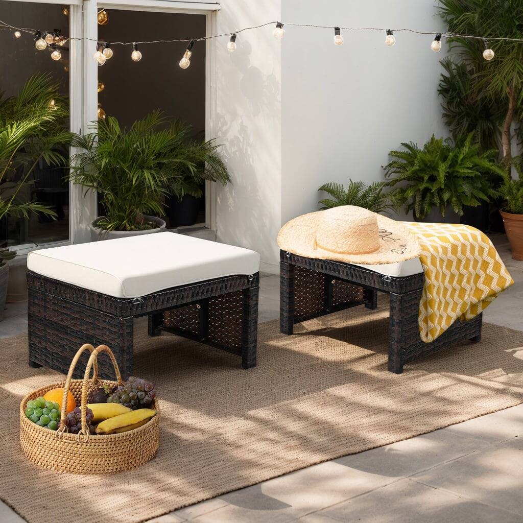 Kadyn - 2 Pieces Patio Rattan Ottomans with Soft Cushion for Patio and Garden- All Weather Wicker Ottoman - White