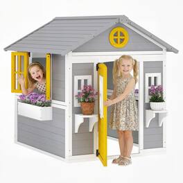 Outsunny - Playhouse for Kids Outdoor with Doors, Windows - Gray