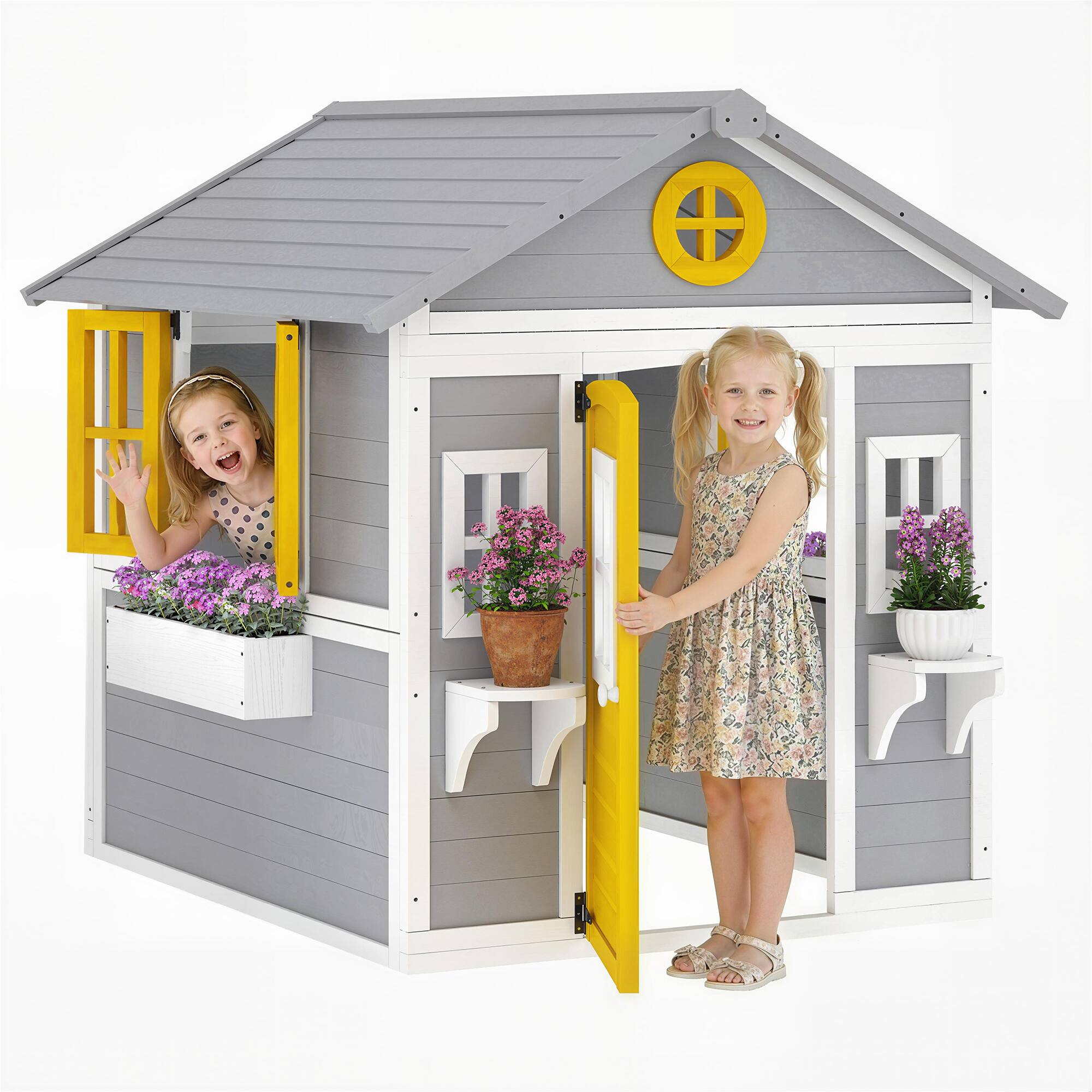 Front. Outsunny - Playhouse for Kids Outdoor with Doors, Windows - Gray.