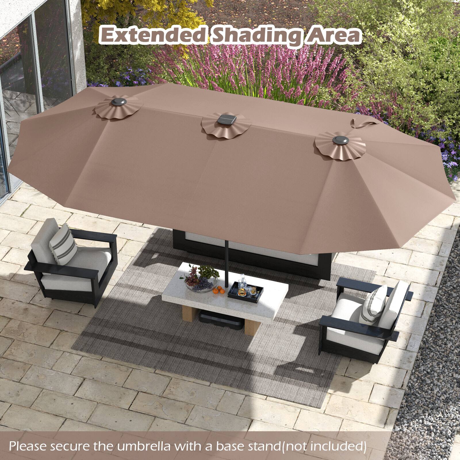Extended Shading Area
Please secure the umbrella with a base stand (not included)