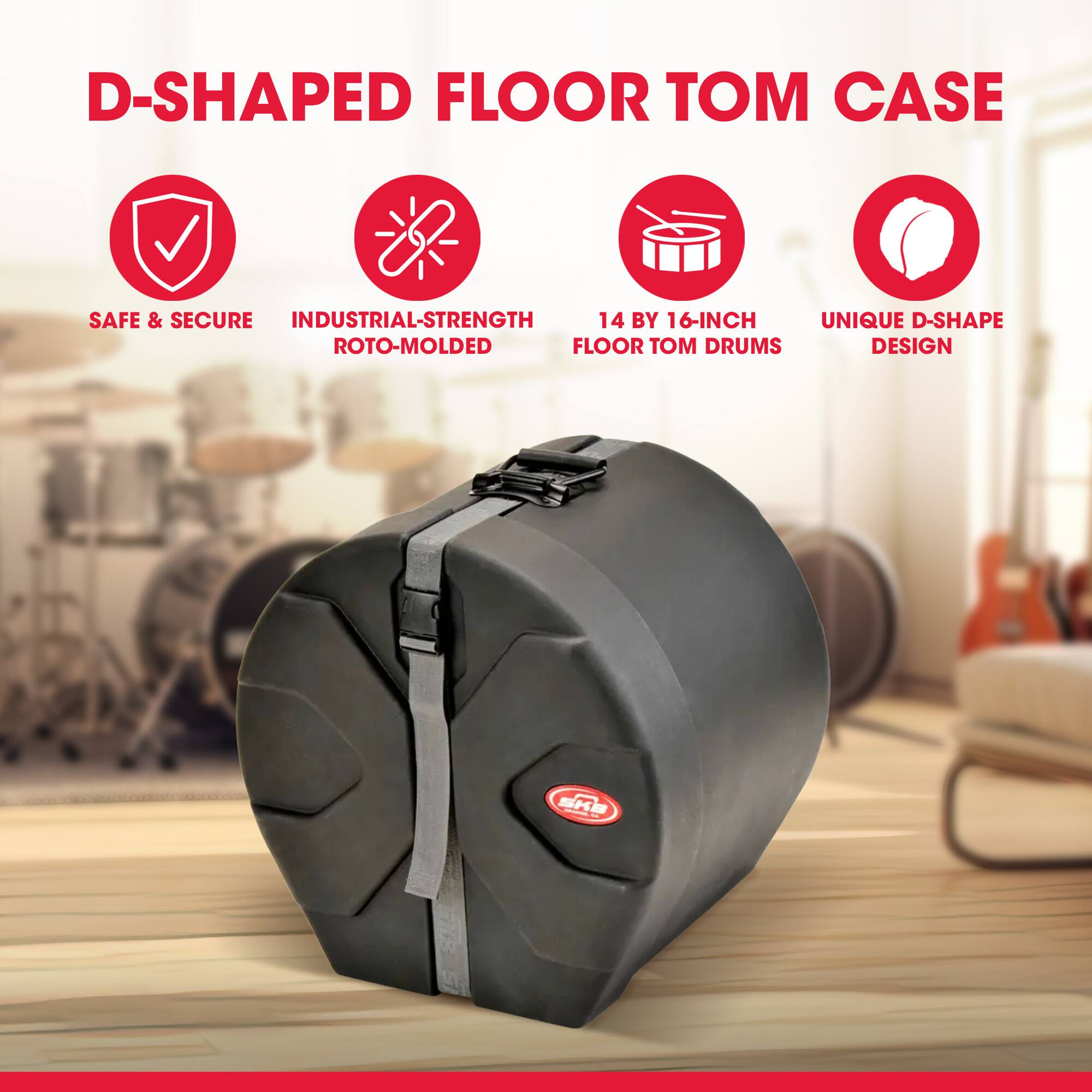 D-Shaped Floor Tom Case

- Safe & Secure
- Industrial-Strength Roto-Molded
- 14 by 16-Inch Floor Tom Drums
- Unique D-Shape Design