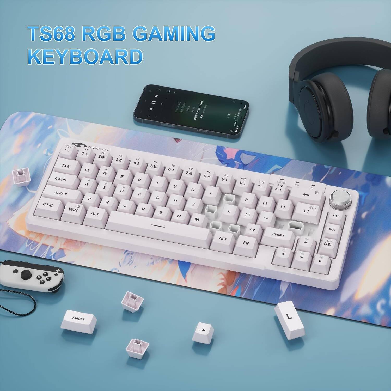 TS68 RGB GAMING KEYBOARD

ESC F1 MAGEREE F2 1! F3 2@ 3# TAB Q W E CAPS A $ D SHIFT Z X CTRL a C WIN ALT
F4 4$ R F V
$5 5% T G 
F6 6A ET 7& F8 8* Y U I H J N M
F9 9( L
F10 (0 P ::
F11 1) ..
Care F12 =+ }}
go \ \
PU
ALT
/? FN
SHIFT
PD  DEL
SHIFT
L