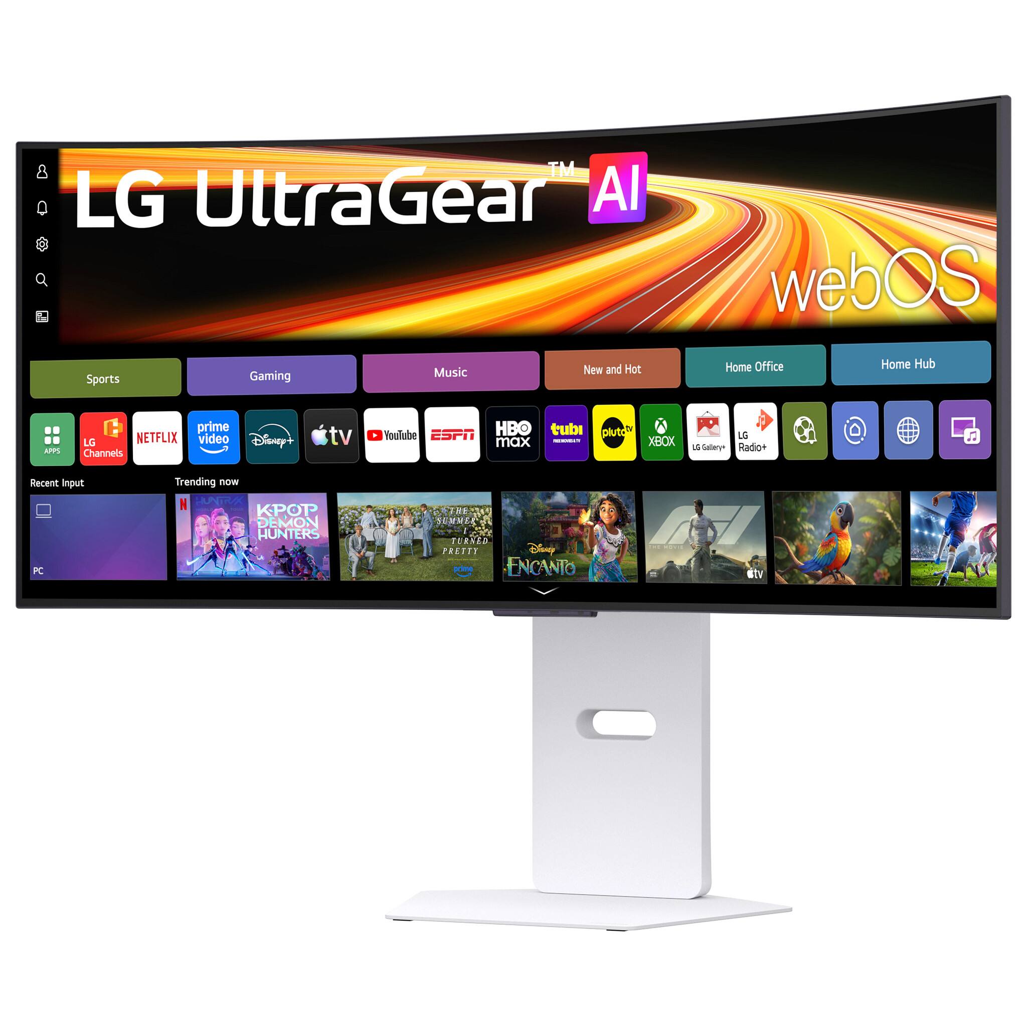 TM LG UltraGear AI webOS Sports Gaming Music New and Hot Home Office Home Hub arPS prime LG NETFLIX video Disney+ Channels tv YouTube ESPN HBO tubi max - plutc XBOX LG A Sery Radio* 1 Recent input PC Trending now N HUNE KPOP DEMON HUNTERS H SEMME TERNED PRETTY Disney I ENCANTO CTV