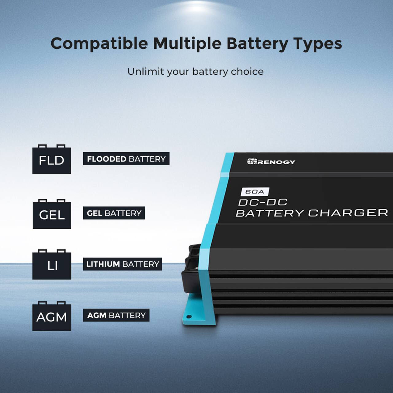 Compatible Multiple Battery Types: Unlimited your battery choice. FLD FLOODED BATTERY RENOGY GEL GEL BATTERY 60A DC-DC BATTERY CHARGER LI LITHIUM BATTERY AGM AGM BATTERY