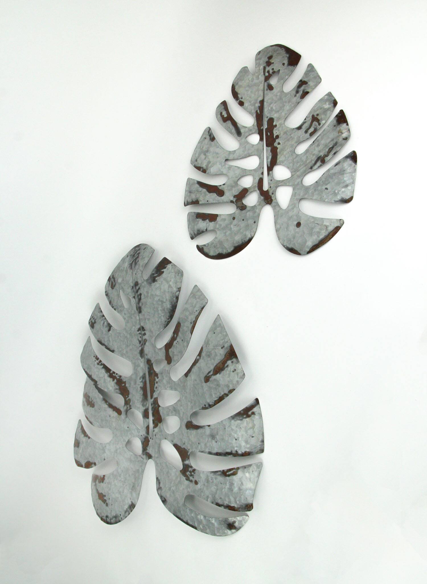 Alt View 1. Zeckos - Set of 2 Galvanized Zinc Finish Metal Monstera Leaf Sculptures Wall Hangings - Grey.