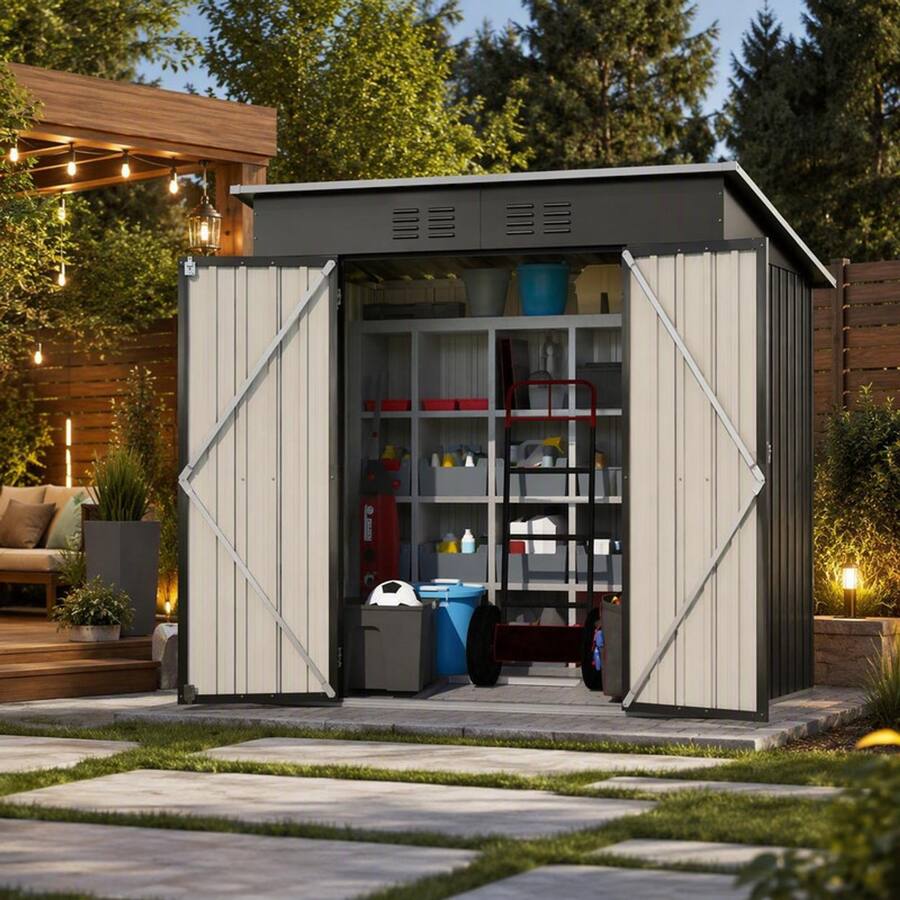 RYHNUYNE 6x4 ft Metal Shed Double Doors Galvanized Steel Aluminum ...