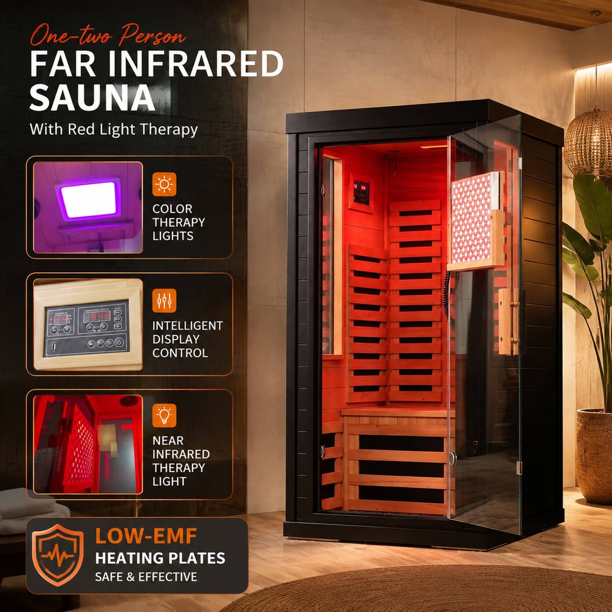 One-two Person FAR INFRARED SAUNA With Red Light Therapy

COLOR THERAPY LIGHTS

INTELLIGENT DISPLAY CONTROL

NEAR INFRARED THERAPY LIGHT

LOW-EMF HEATING PLATES SAFE & EFFECTIVE
