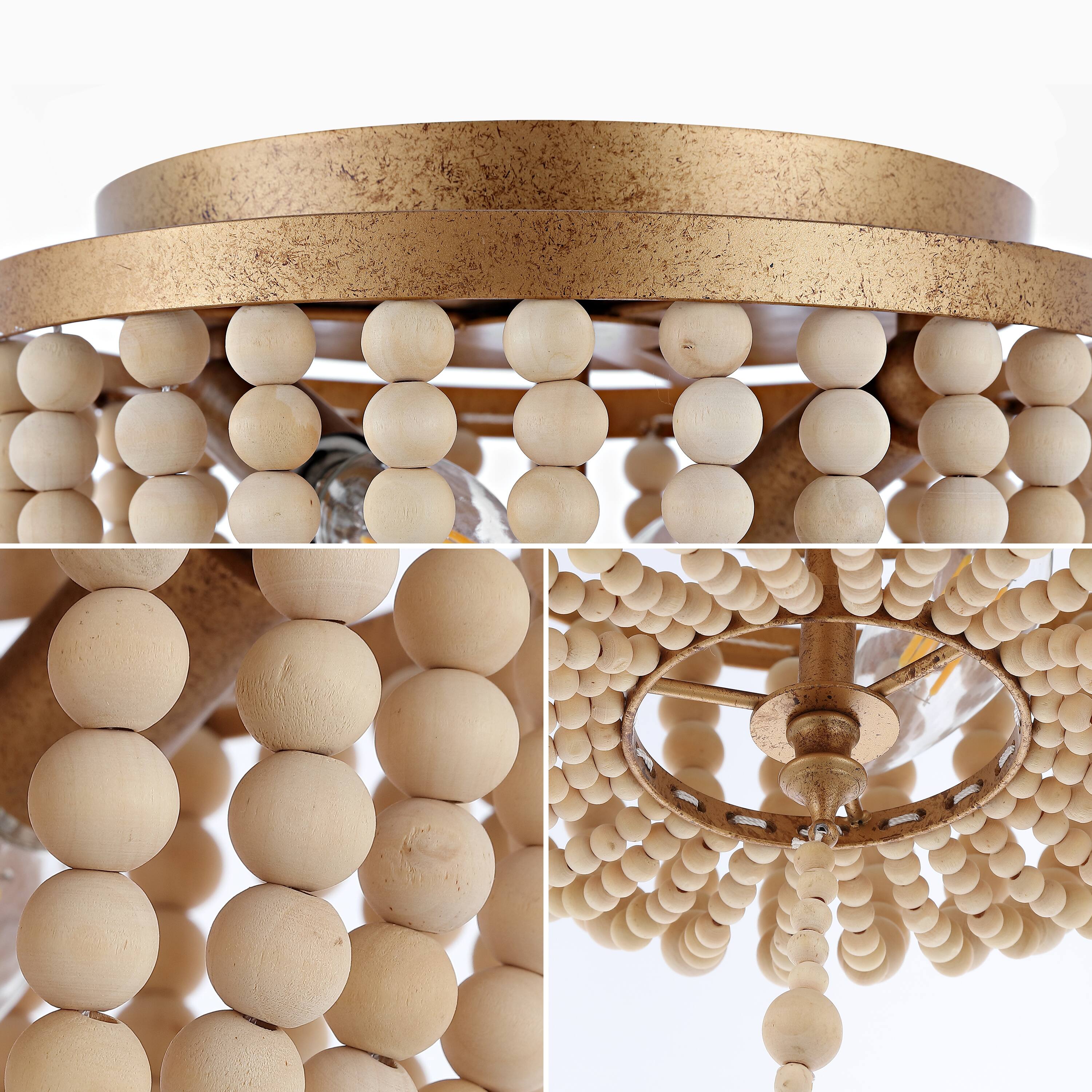 Alt View 4. Jonathan Y - Allison 10" 2-Light Shabby Chic Farmhouse Wood Beaded/Metal LED Flush Mount, Antique Gold/Cream - Antique Gold/Cream.