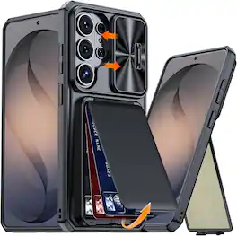 Dteck - Rugged Shockproof Flip Stand RFID Wallet Case Sliding Camera Lens Cover for Samsung Galaxy S26 Ultra - Black
