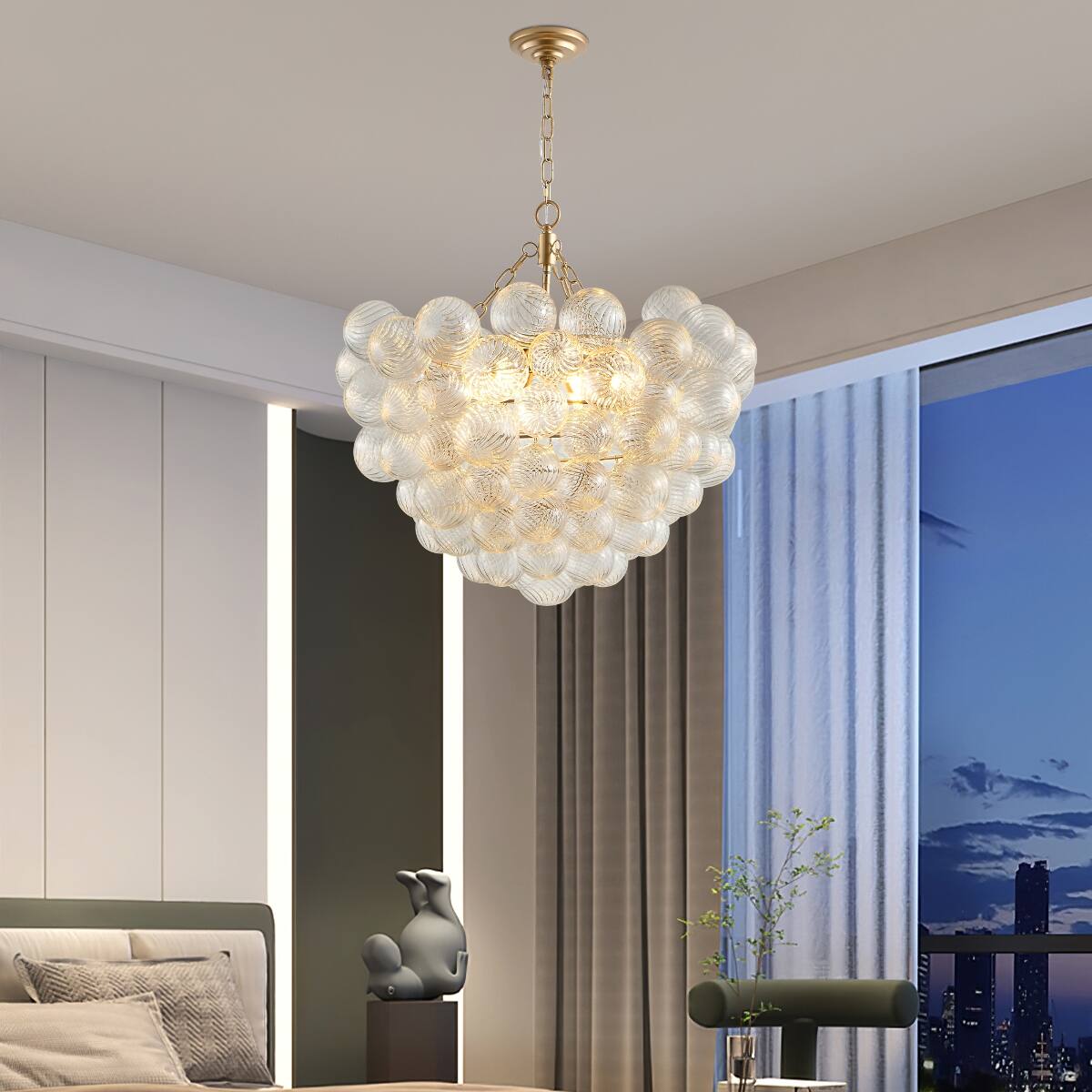 Front. Loheer - Loheer Gold Pendant Light Chandelier with Threaded Clear Glass Globe Shade, Adjustable Height.