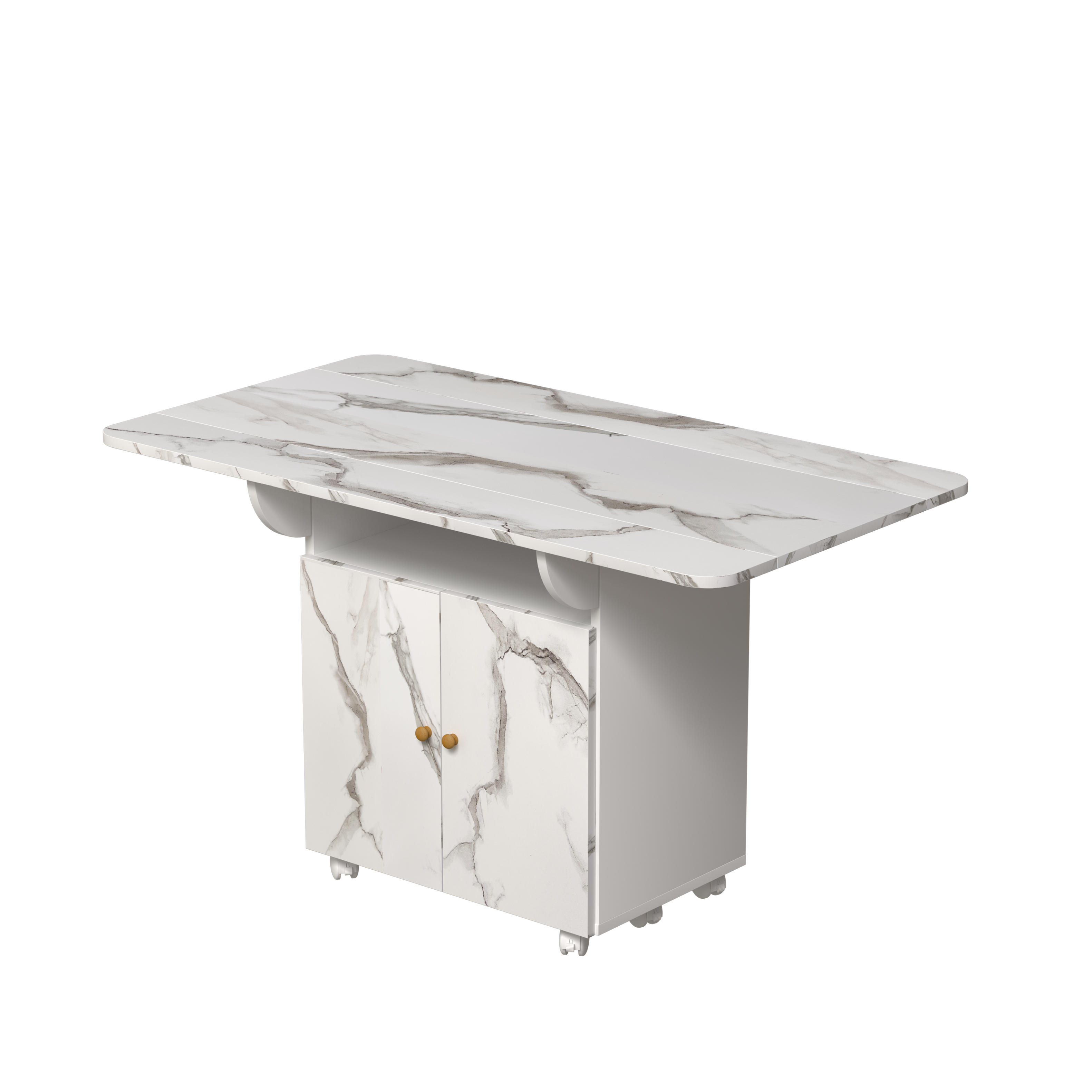 Alt View 10. Tiramisubest - 47" Wood Folding Dining Table with storage rack and cabinet, Movable Versatile Table with 6 Wheels, White Marble Color - White.