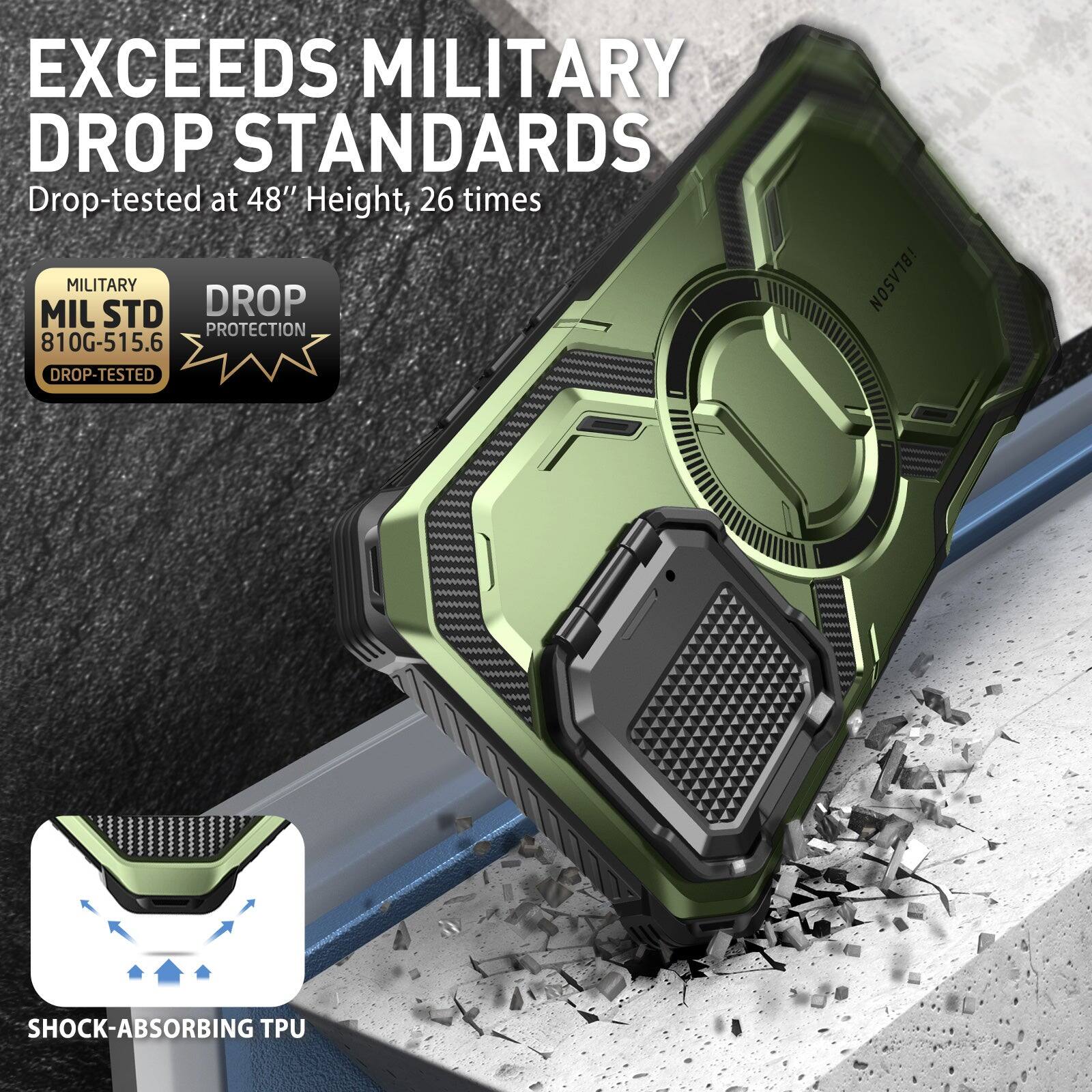 EXCEEDS MILITARY DROP STANDARDS  
Drop-tested at 48" Height, 26 times  

MILITARY  
MIL STD 810G-515.6  
DROP PROTECTION  
DROP-TESTED  

SHOCK-ABSORBING TPU