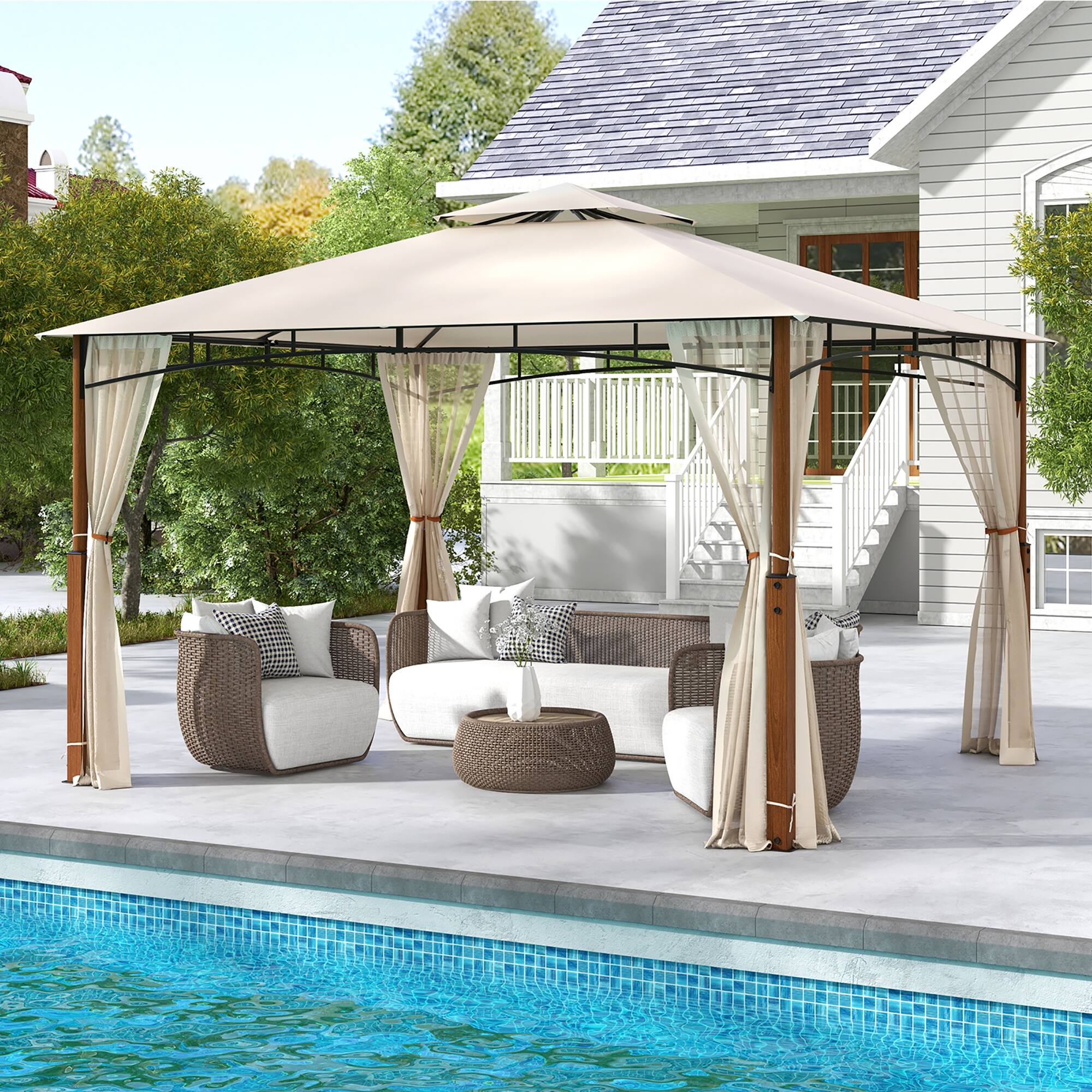 Alt View 1. Gymax - Gymax 12' x 10' Outdoor Patio Gazebo w/ Netting 2-Tier Canopy Roof Metal Frame - Beige, Natural.