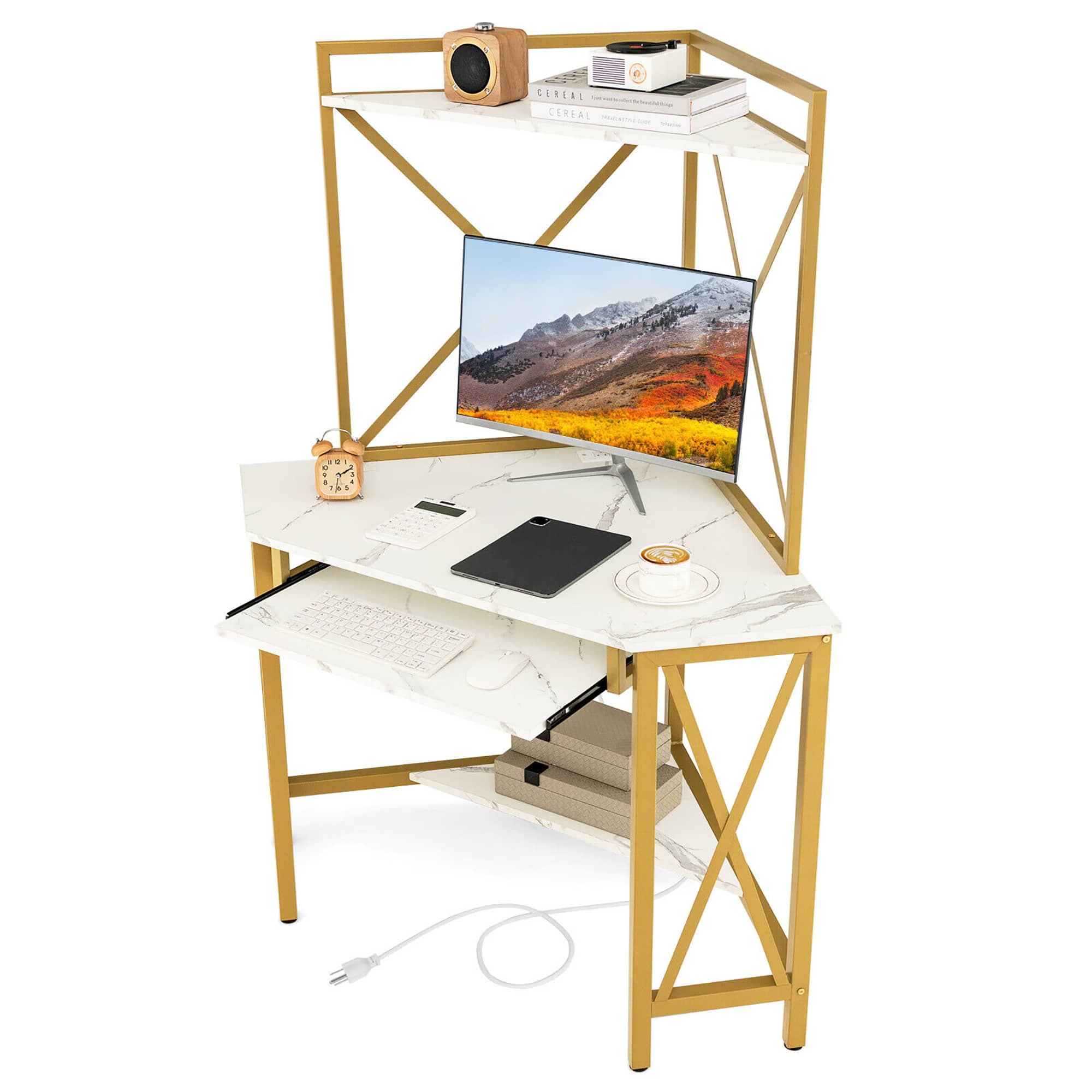 Gymax - Corner Desk Space-Saving Computer Desk w/ Shelves & Keyboard Tray White - White, Golden