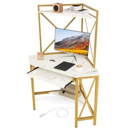 Gymax - Corner Desk Space-Saving Computer Desk w/ Shelves & Keyboard Tray White - White, Golden
