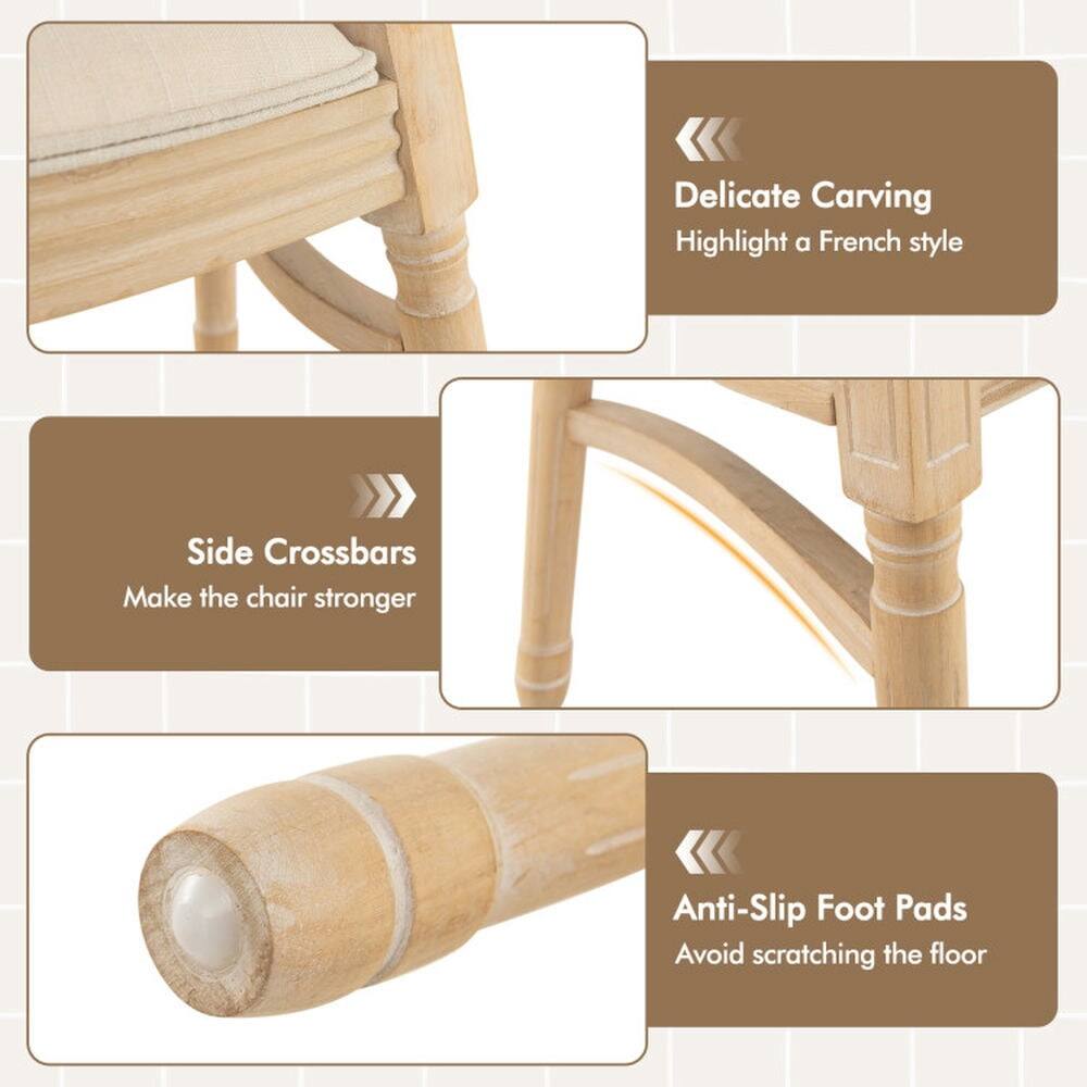 Delicate Carving  
Highlight a French style  

Side Crossbars  
Make the chair stronger  

Anti-Slip Foot Pads  
Avoid scratching the floor
