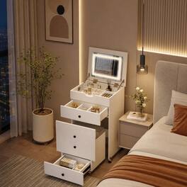 WELLFOR - 3-in-1 Makeup Vanity with Flip Top LED Lighted Mirror & Rolling Storage Stool, Space Saving Small Makeup Vanity - White