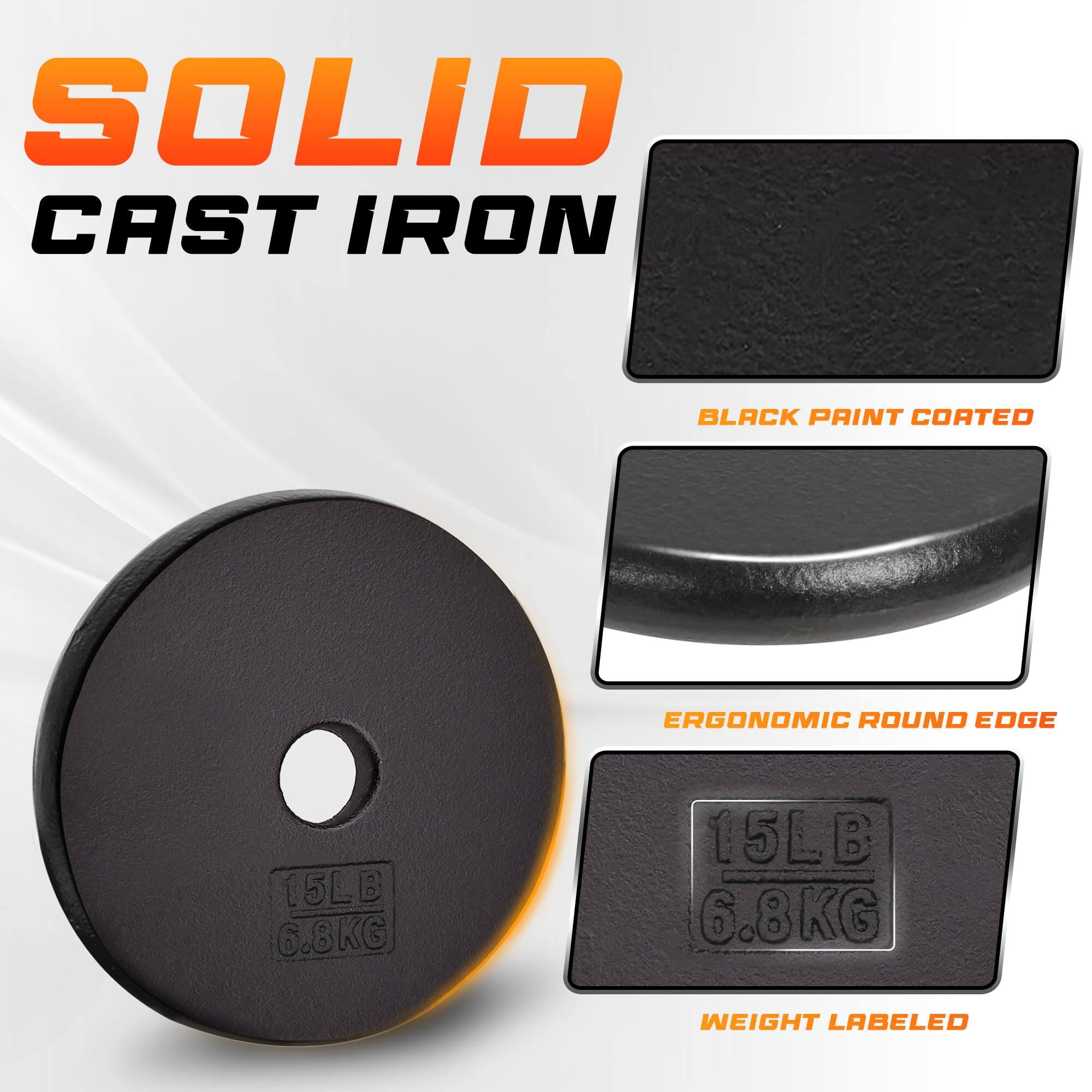 SOLID CAST IRON

- BLACK PAINT COATED
- ERGONOMIC ROUND EDGE
- WEIGHT LABELED

15LB 6.8KG