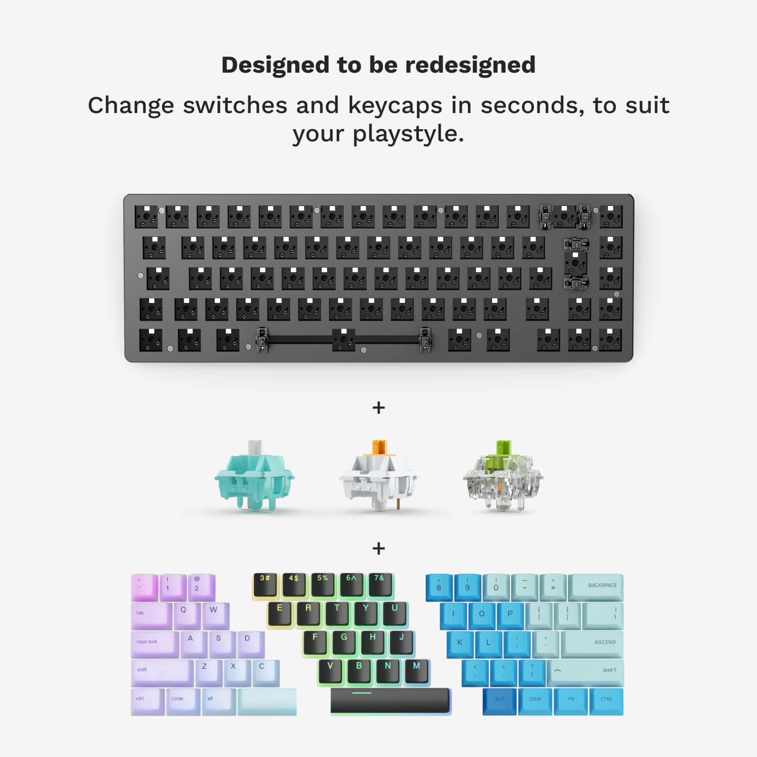 Designed to be redesigned. Change switches and keycaps in seconds, to suit your playstyle.
4. - a - - - d - d - - 4 5 + + I a . 32 45 5% A TA - I BA/SSPAE - C W e T Y U I a - I - I I - - i & d 0 F G H J K L - - ASCEND - 2 x C V d N M - - . - SO 1 - - ALI.. -. i