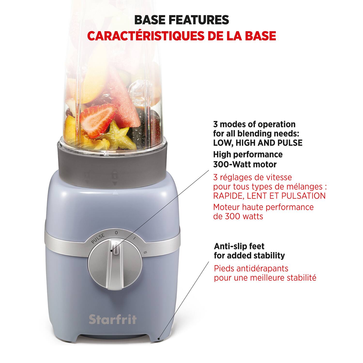 BASE FEATURES  
CARACTÉRISTIQUES DE LA BASE  

3 modes of operation for all blending needs: LOW, HIGH AND PULSE  
3 réglages de vitesse pour tous types de mélanges : RAPIDE, LENT ET PULSATION  

High performance 300-Watt motor  
Moteur haute performance de 300 watts  

Anti-slip feet for added stability  
Pieds antidérapants pour une meilleure stabilité  

Starfrit