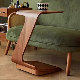POVISON - 15" Modern C-Shaped Side Table with Wheels, Mid-Century Modern, End Table for Living Room - Walnut Color