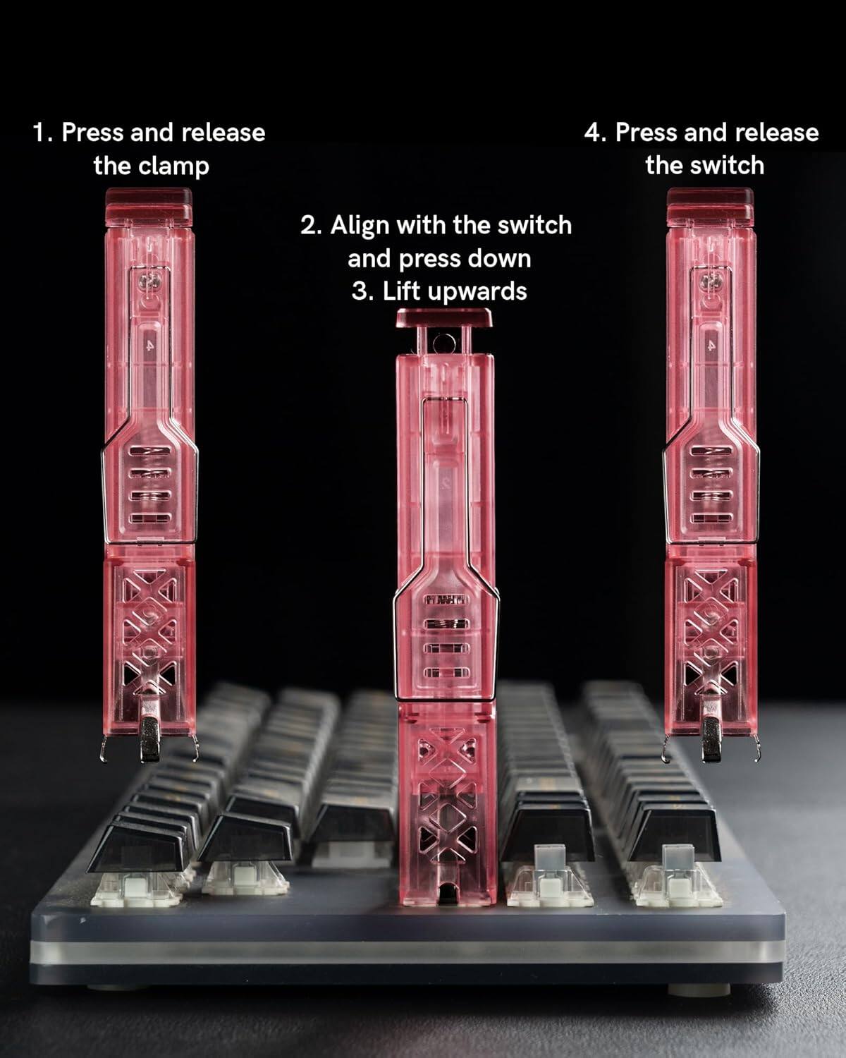 1. Press and release the clamp  
2. Align with the switch and press down  
3. Lift upwards  
4. Press and release the switch