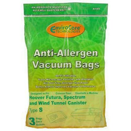 AN ABSOLUTE MUST FOR ALLERGY SUFFERERS!
EnviroCare Technologies
Anti-Allergen Vacuum Bags
Type S
Designed to Fit: Hoover Futura, Spectrum and Wind Tunnel Canister
3 Bags per Pack