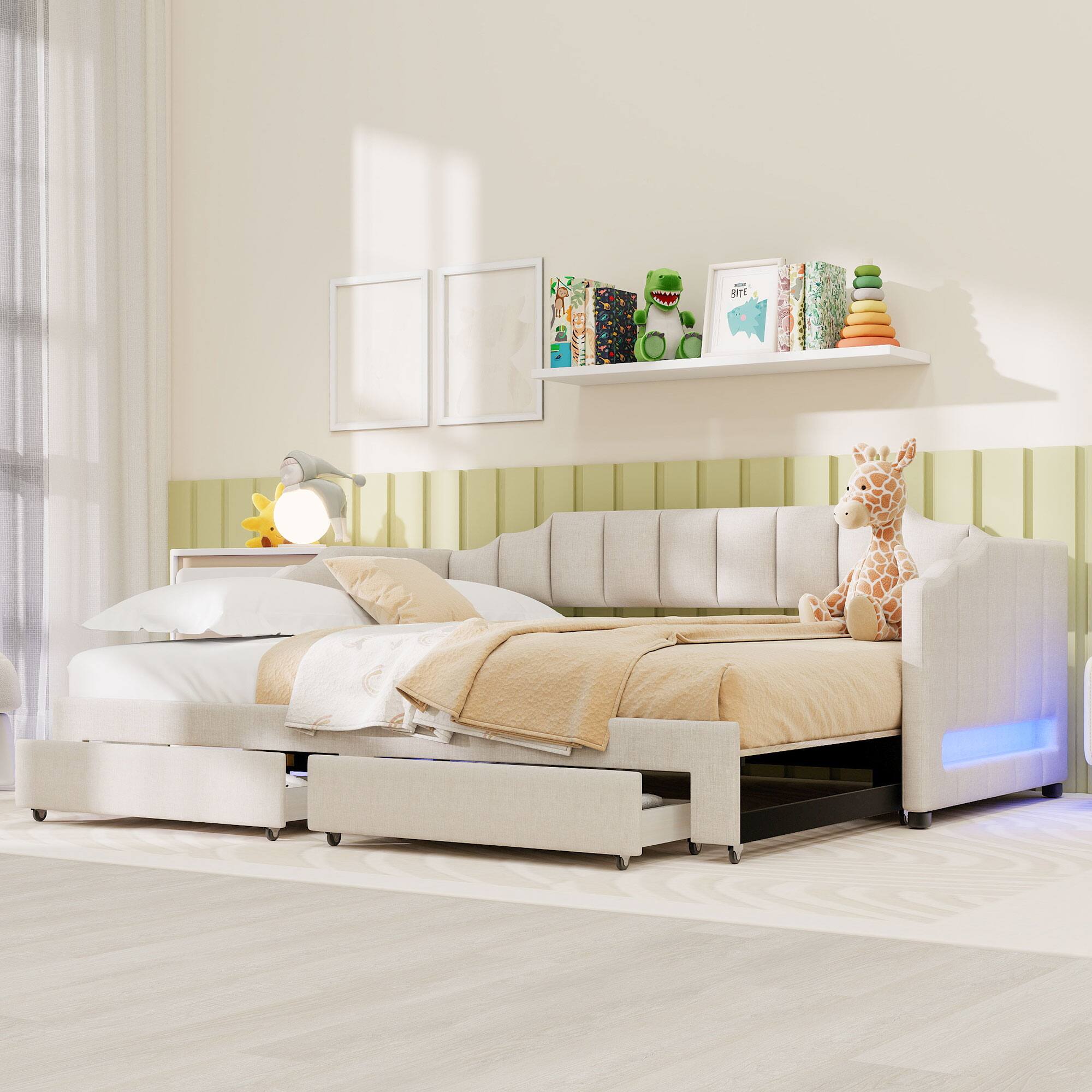 Angle. Whisen - Extendable Daybed, Twin XL to King Size Bed with Storage Drawers & LED Lights for Guest Bedroom - Beige.