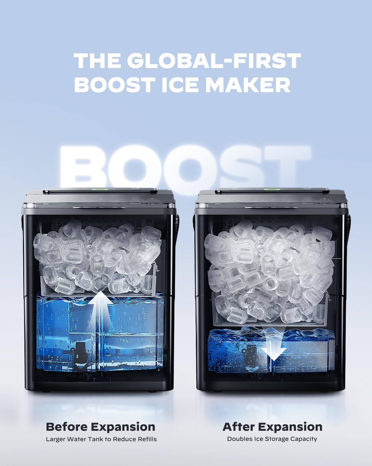 THE GLOBAL-FIRST BOOST ICE MAKER

BOOST

Before Expansion
Larger Water Tank to Reduce Refills

After Expansion
Doubles Ice Storage Capacity