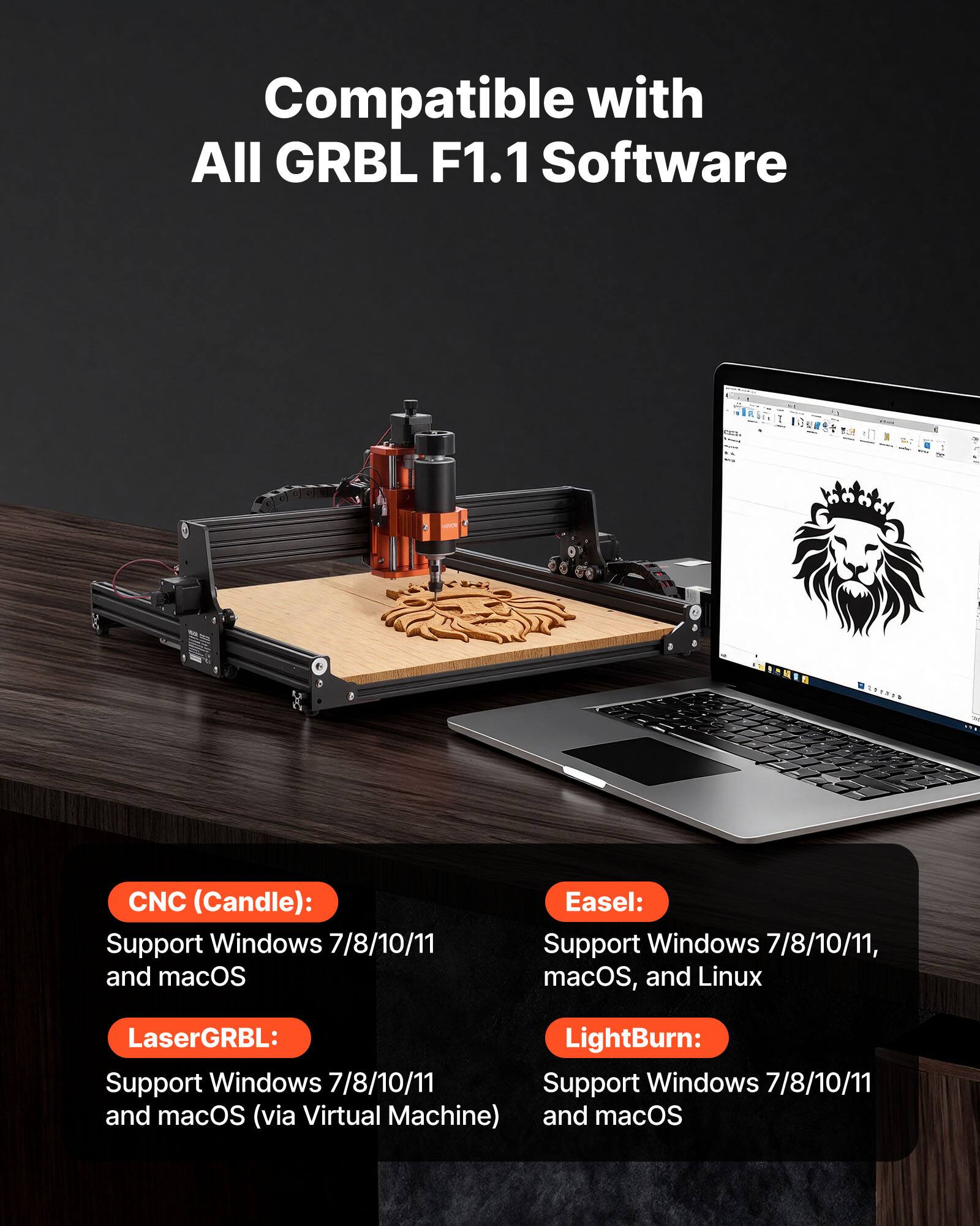 Compatible with All GRBL F1.1 Software

CNC (Candle):
- Support Windows 7/8/10/11 and macOS

LaserGRBL:
- Support Windows 7/8/10/11 and macOS (via Virtual Machine)

Easel:
- Support Windows 7/8/10/11, macOS, and Linux

LightBurn:
- Support Windows 7/8/10/11 and macOS